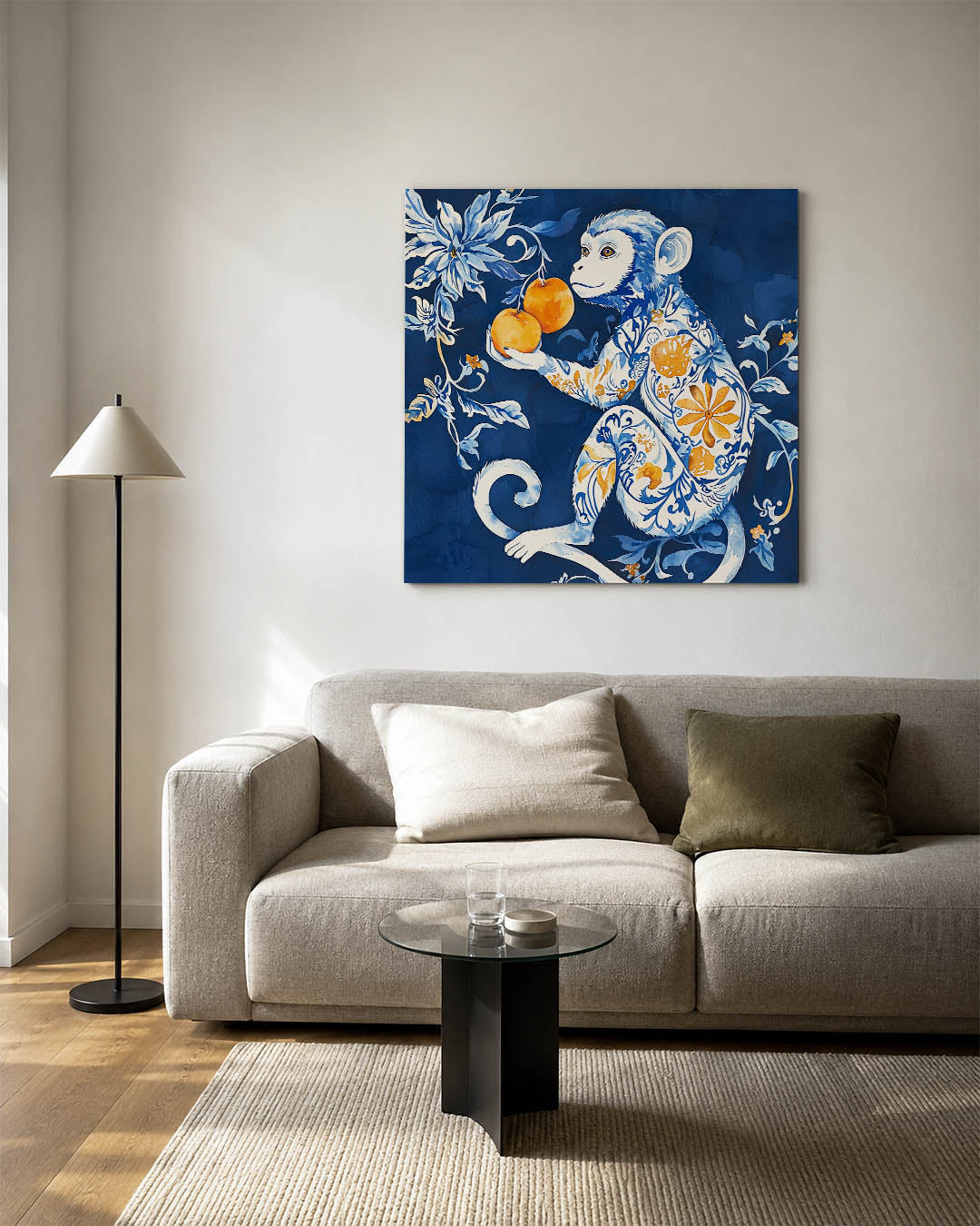 Fantasierijke aap kunstwerk – detailweergave – dit kunstwerk toont een gedetailleerde aap met sierlijke patronen in blauw en