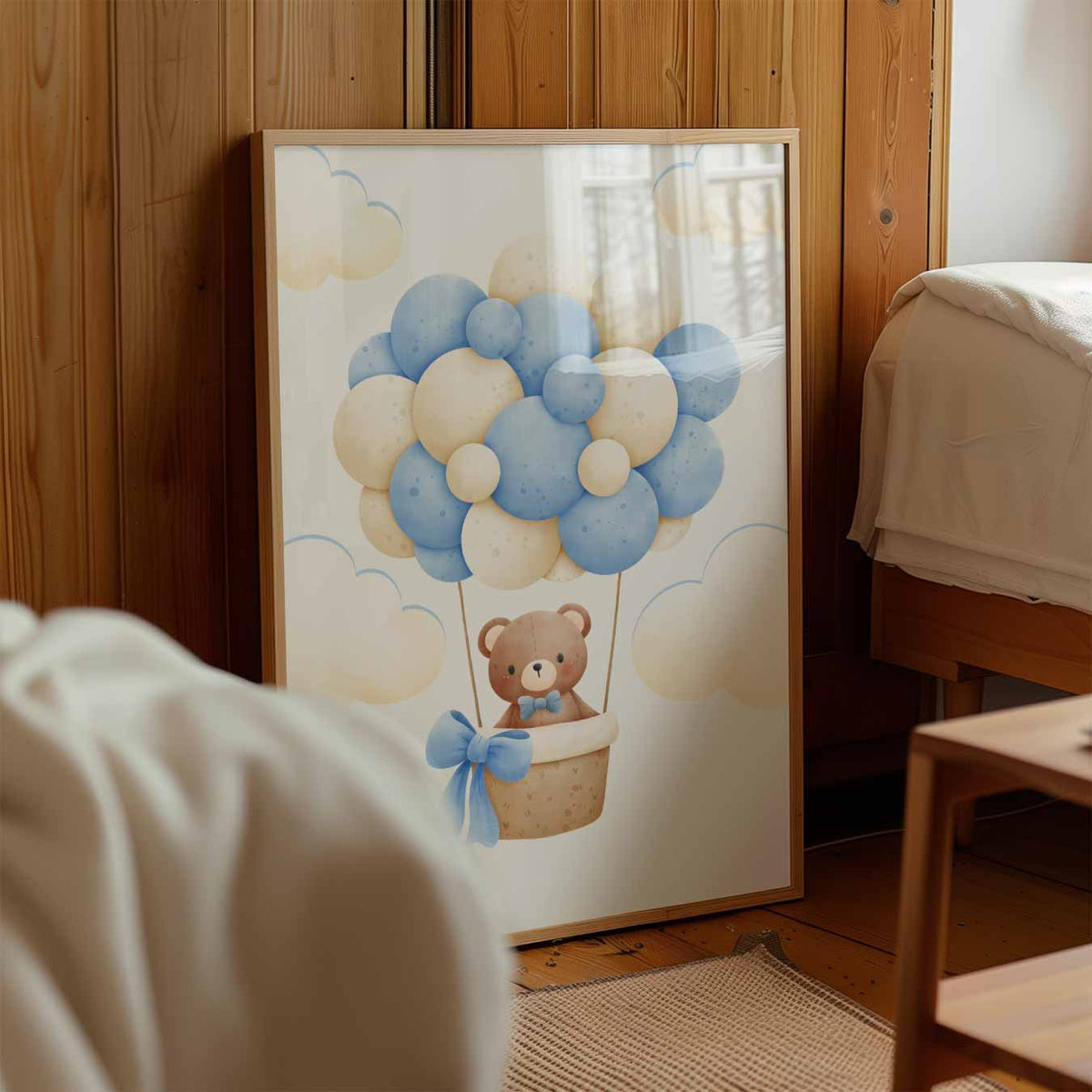 Schattige Beer in het Luchtballon Avontuur – kinderposter in staand formaat