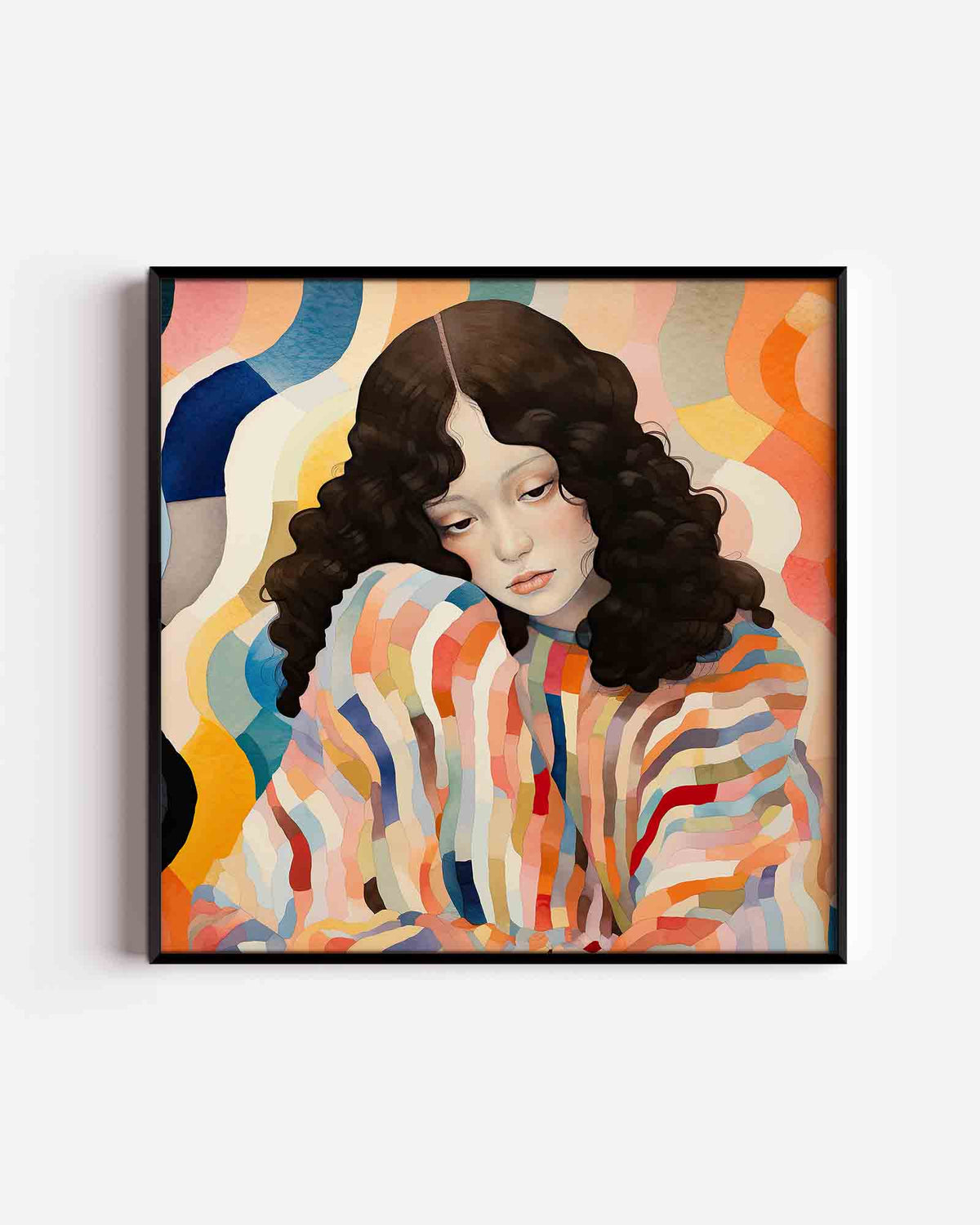 Vrouw met golvende lijnen – kleurrijke illustratie poster als wanddecoratie