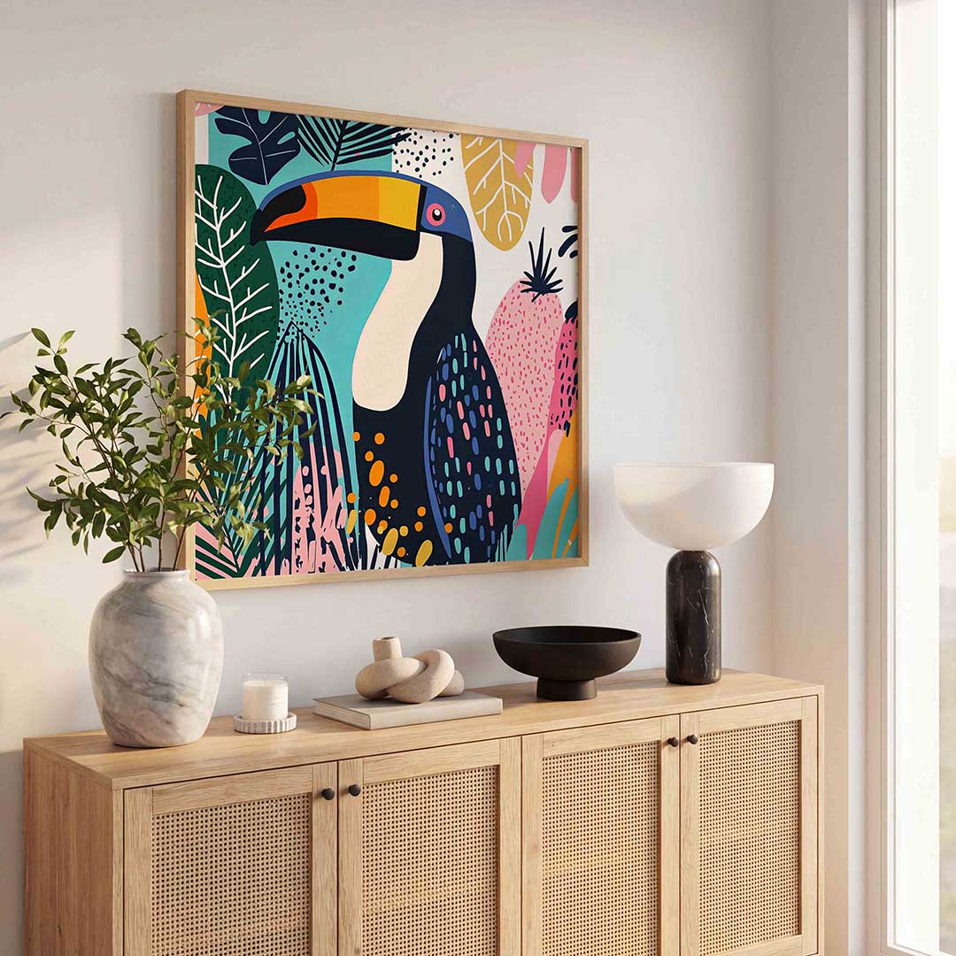 Toekan en bladeren – dierenillustratie als vierkante poster