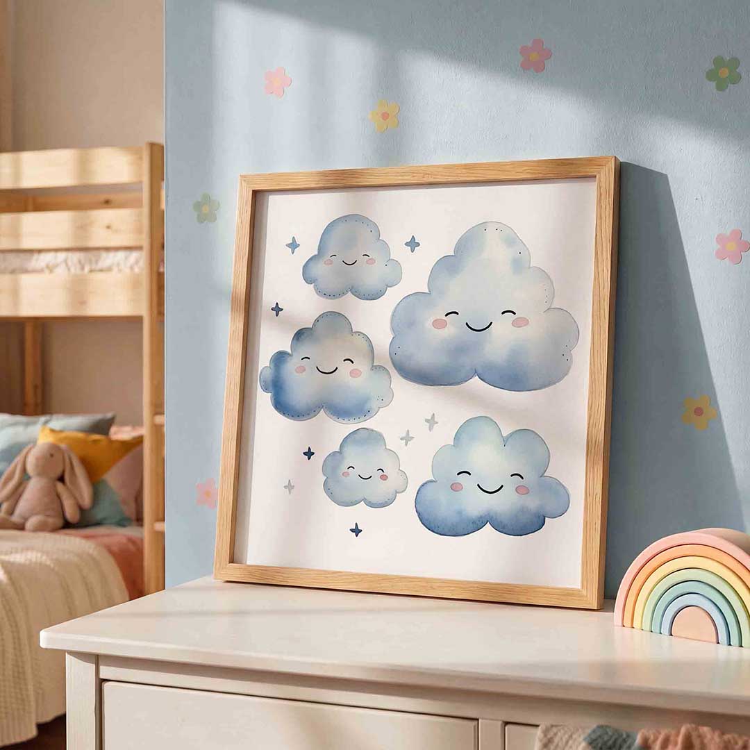 Lachende wolken – speelse wandkunst als vierkante kinderposter