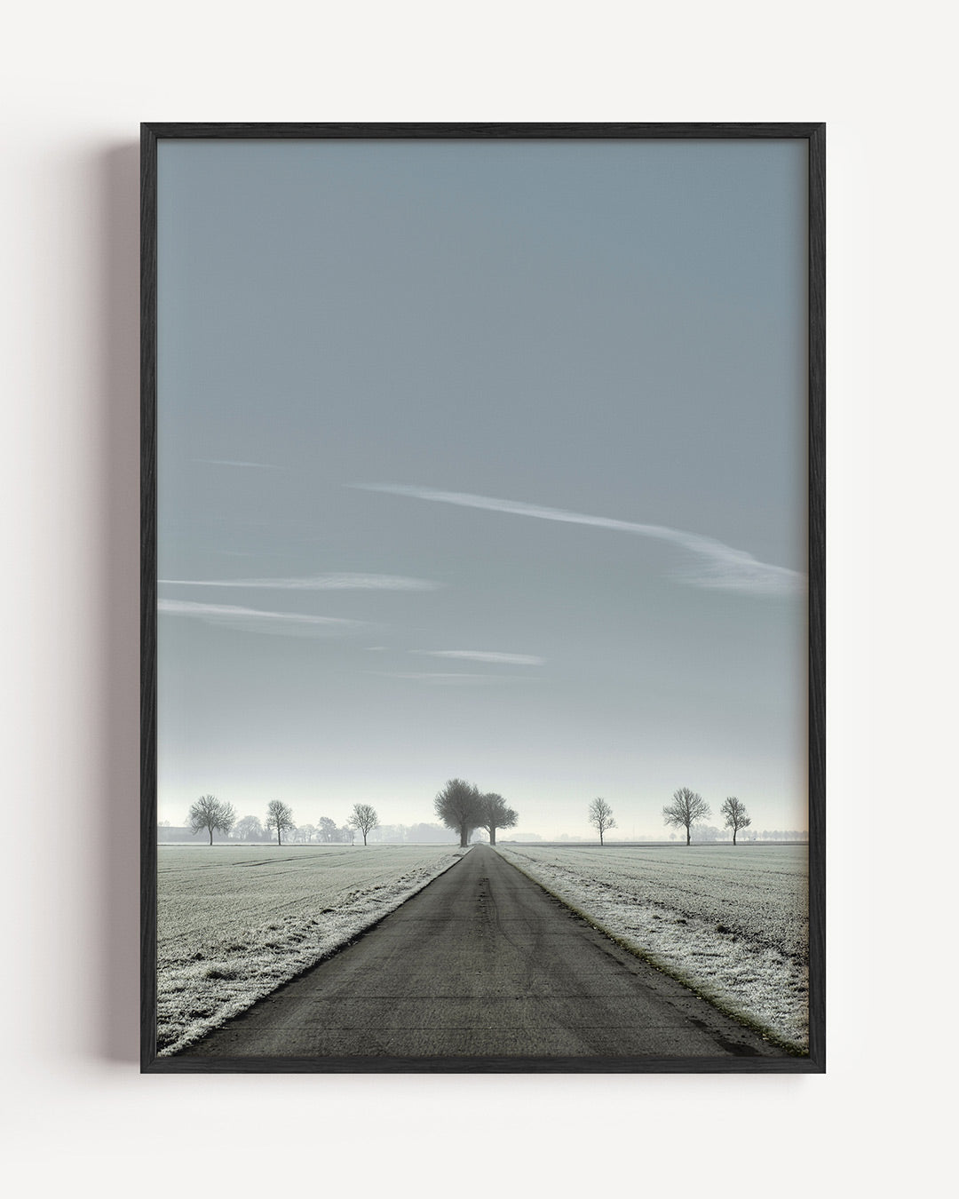 Rustige weglandschap poster – portret wanddecoratie – een lange weg strekt zich uit naar de horizon, omgeven door kale bomen
