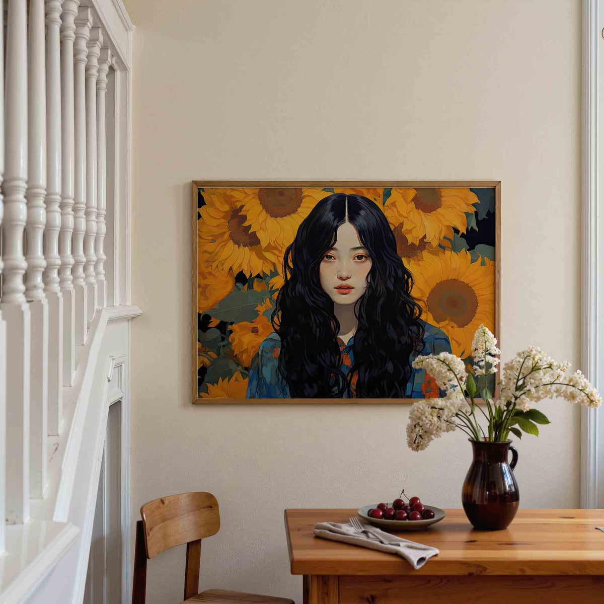 Vrouw met zonnebloemen – liggende illustratie poster als wanddecoratie