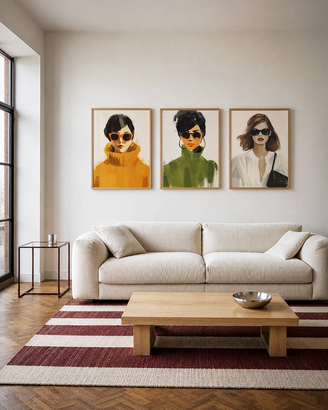 Kleur en schaduw driedelige posterset – een portret met warme oranje tinten en donkere accenten
