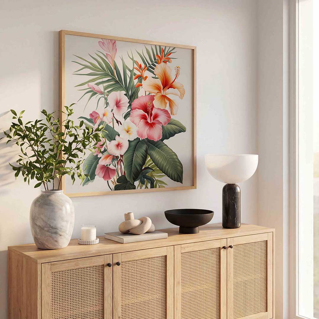 Bloemen en bladeren – tropische poster in vierkant formaat