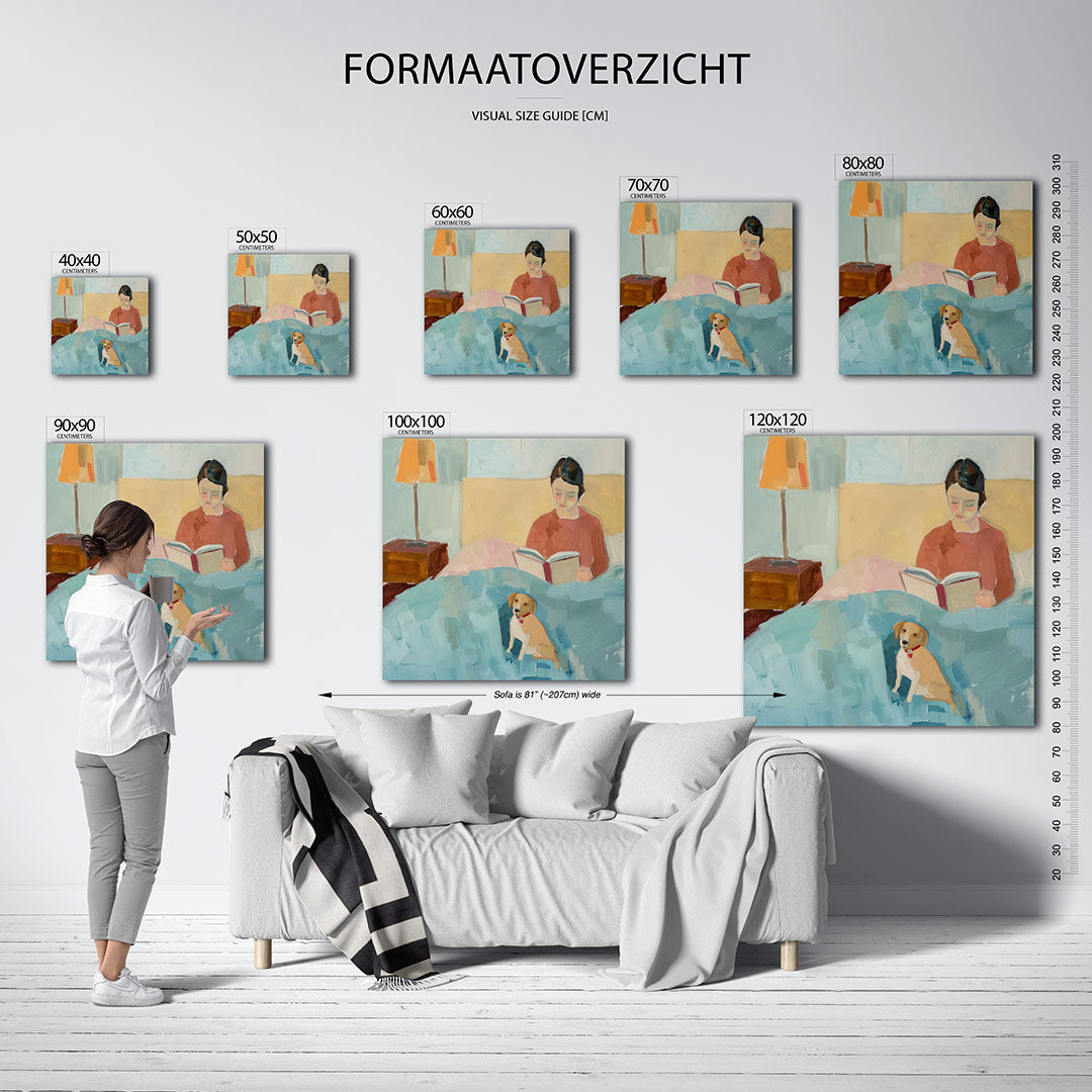 Lezende vrouw met hond kunstwerk – materiaalweergave – een vrouw leest een boek in bed, omringd door zachte kleuren. Een hond