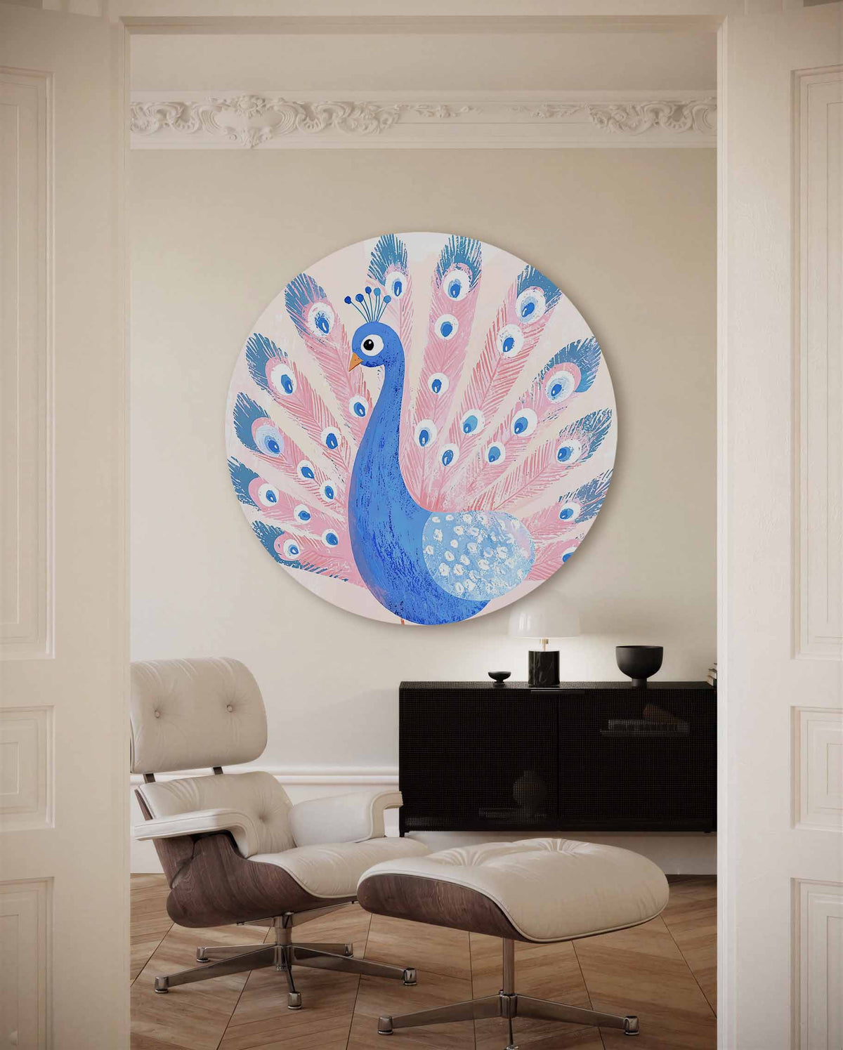 Blauwe pauw – illustratie muurcirkel als ronde muurdecoratie