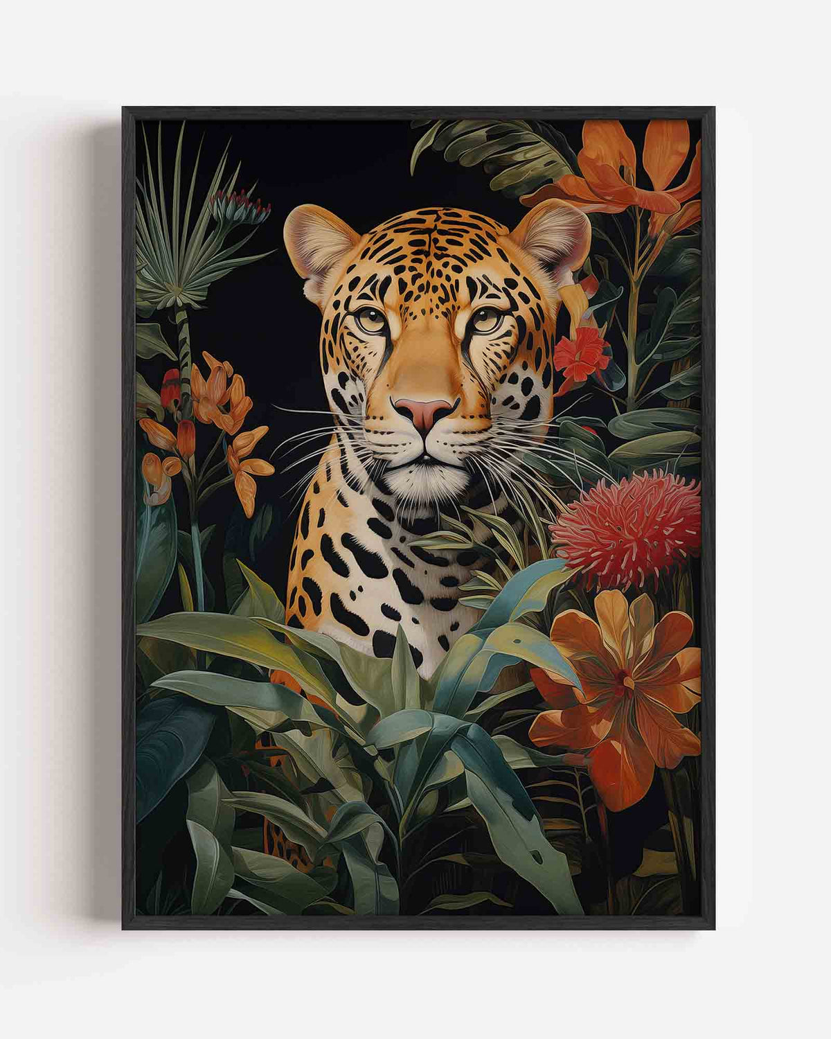 Luipaard tussen tropische bloemen – jungle portret poster als wanddecoratie