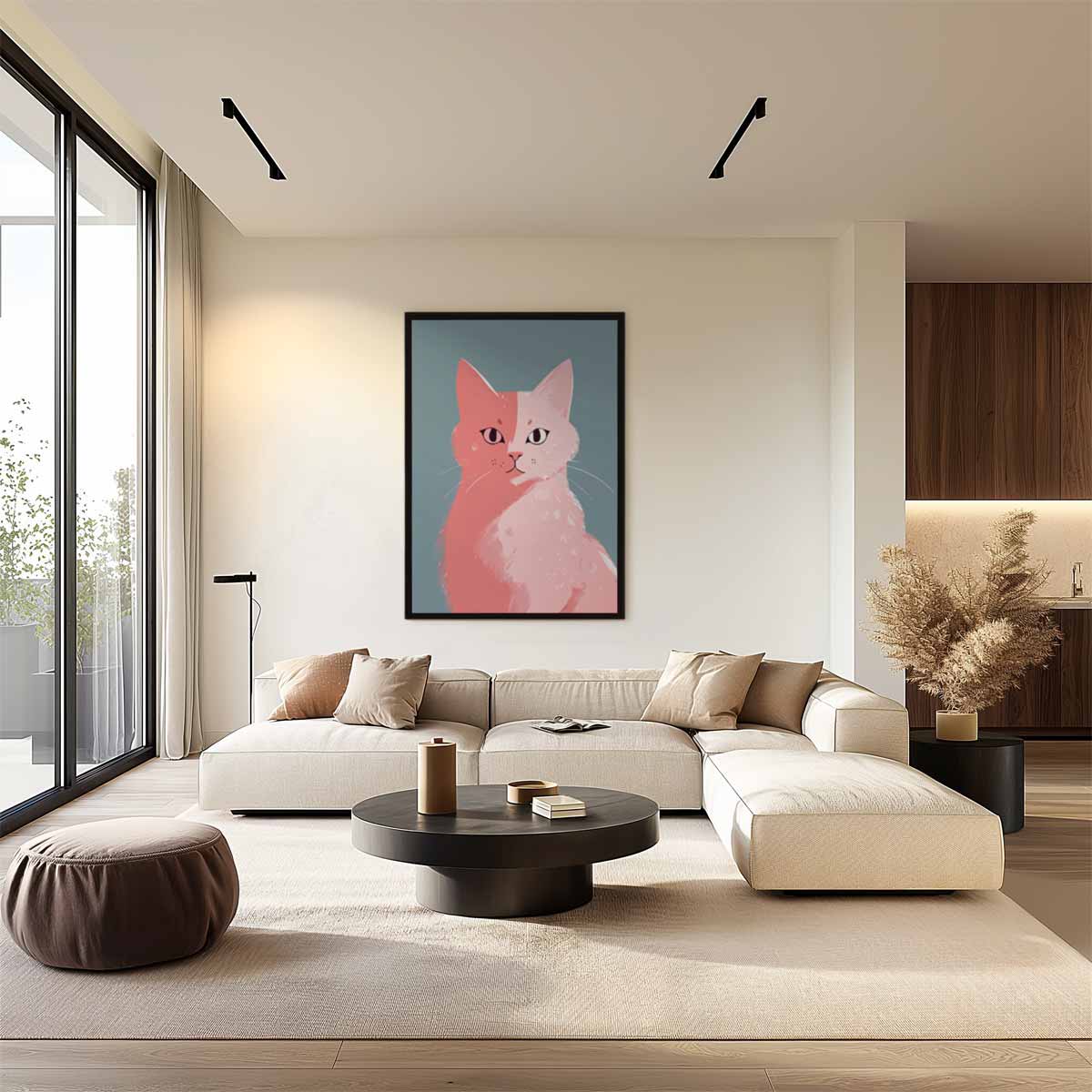 Roze Kat op Blauw Achtergrond – kunstwerk met zwarte baklijst