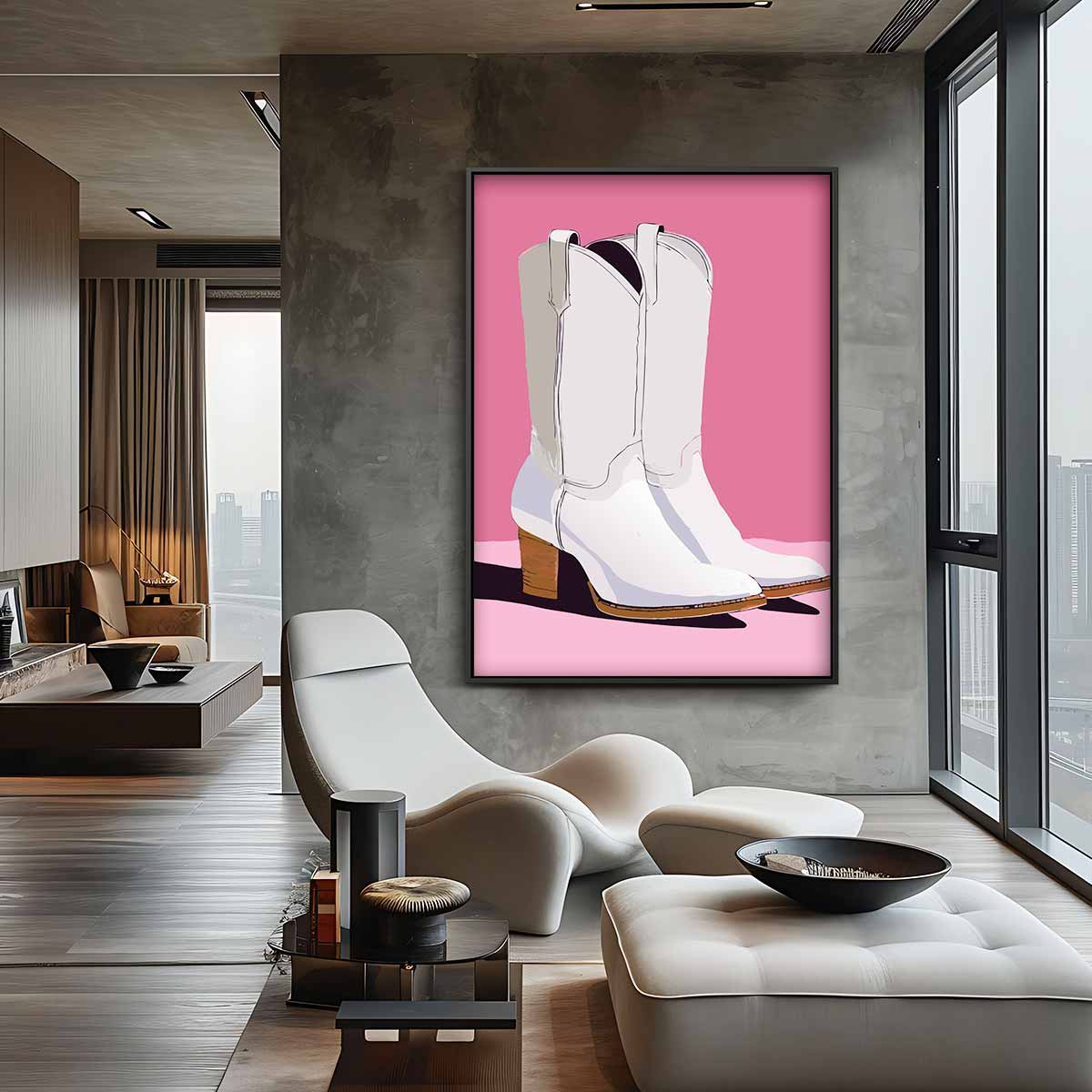 Cowboylaarzen op Roze – staand kunstwerk voor modern interieur
