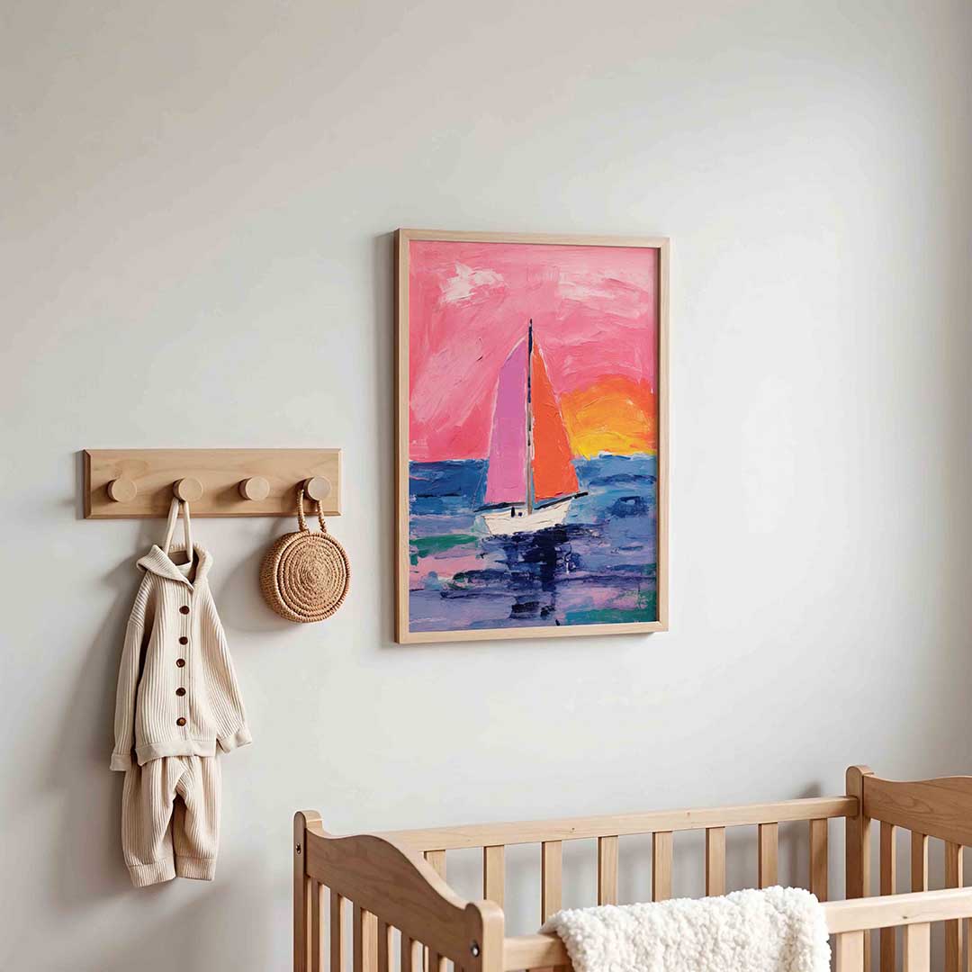 Zeilboot op kleurrijke zee – kinderposter in staand formaat