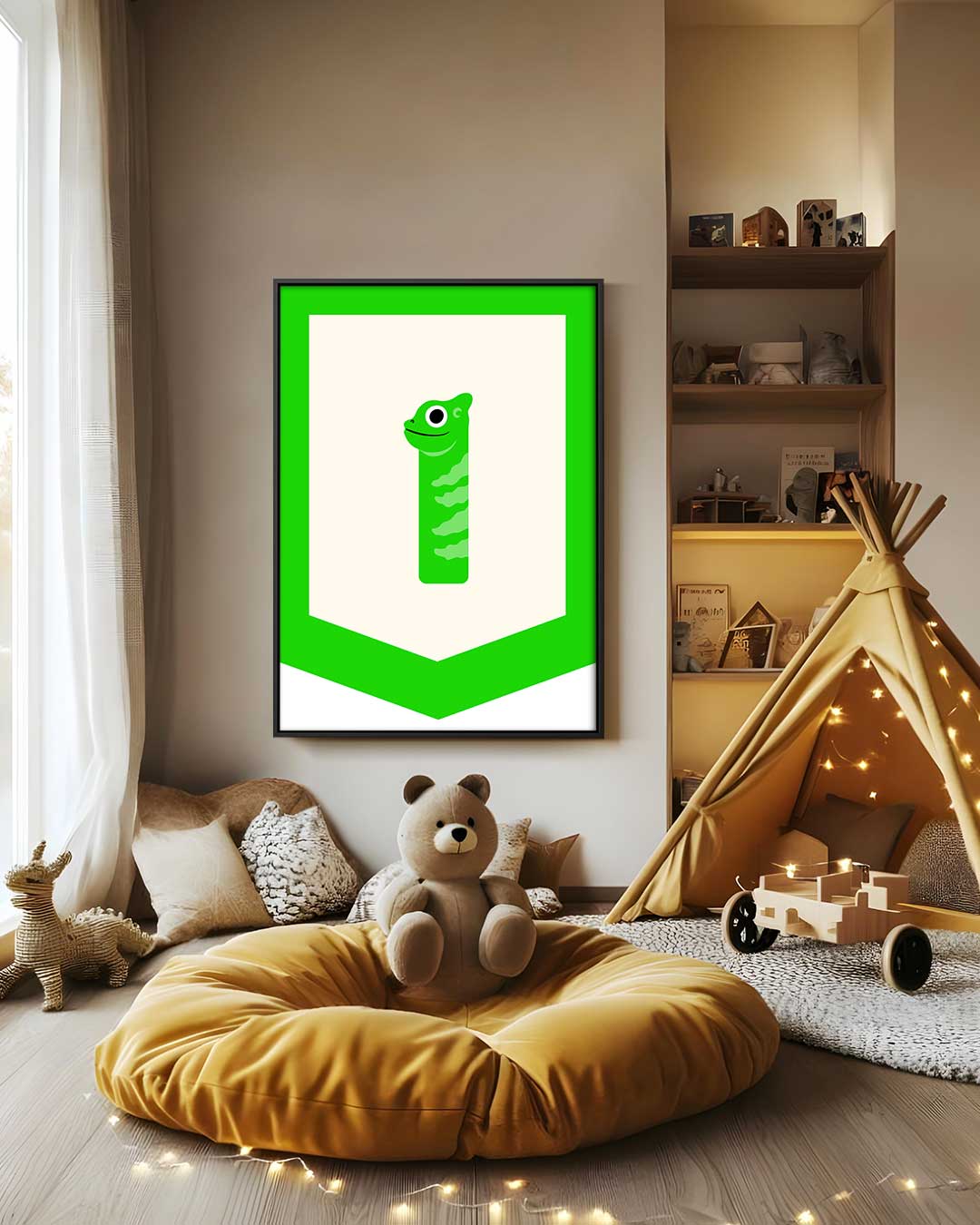 Vrolijke Gecko Illustratie – staand kunstwerk voor modern interieur