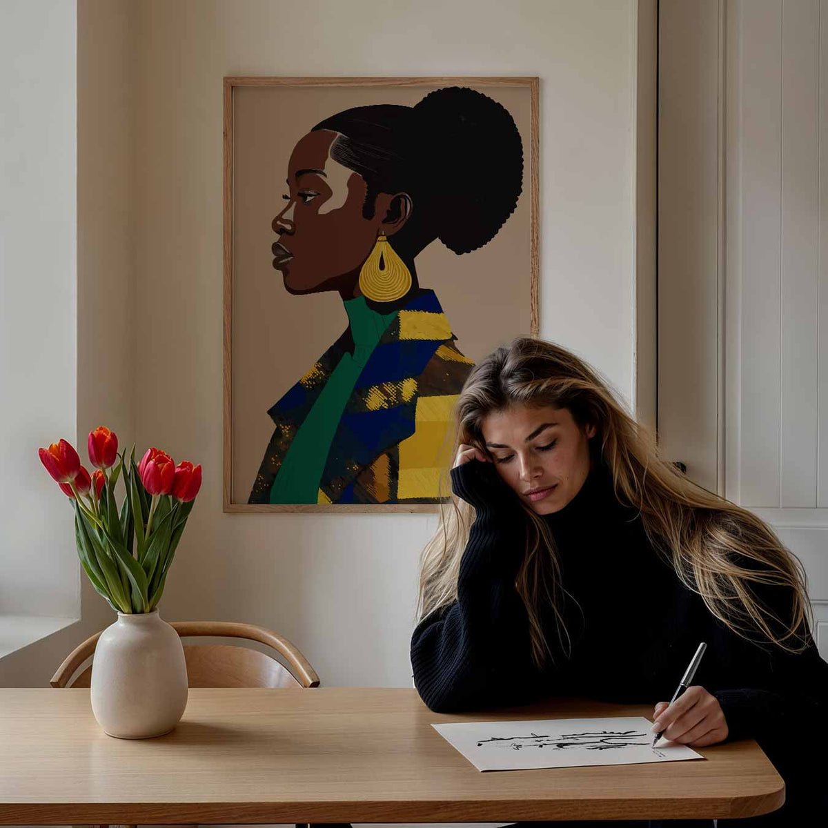 Chic Portret Met Gouden Accenten – staande muurposter met zomerse uitstraling