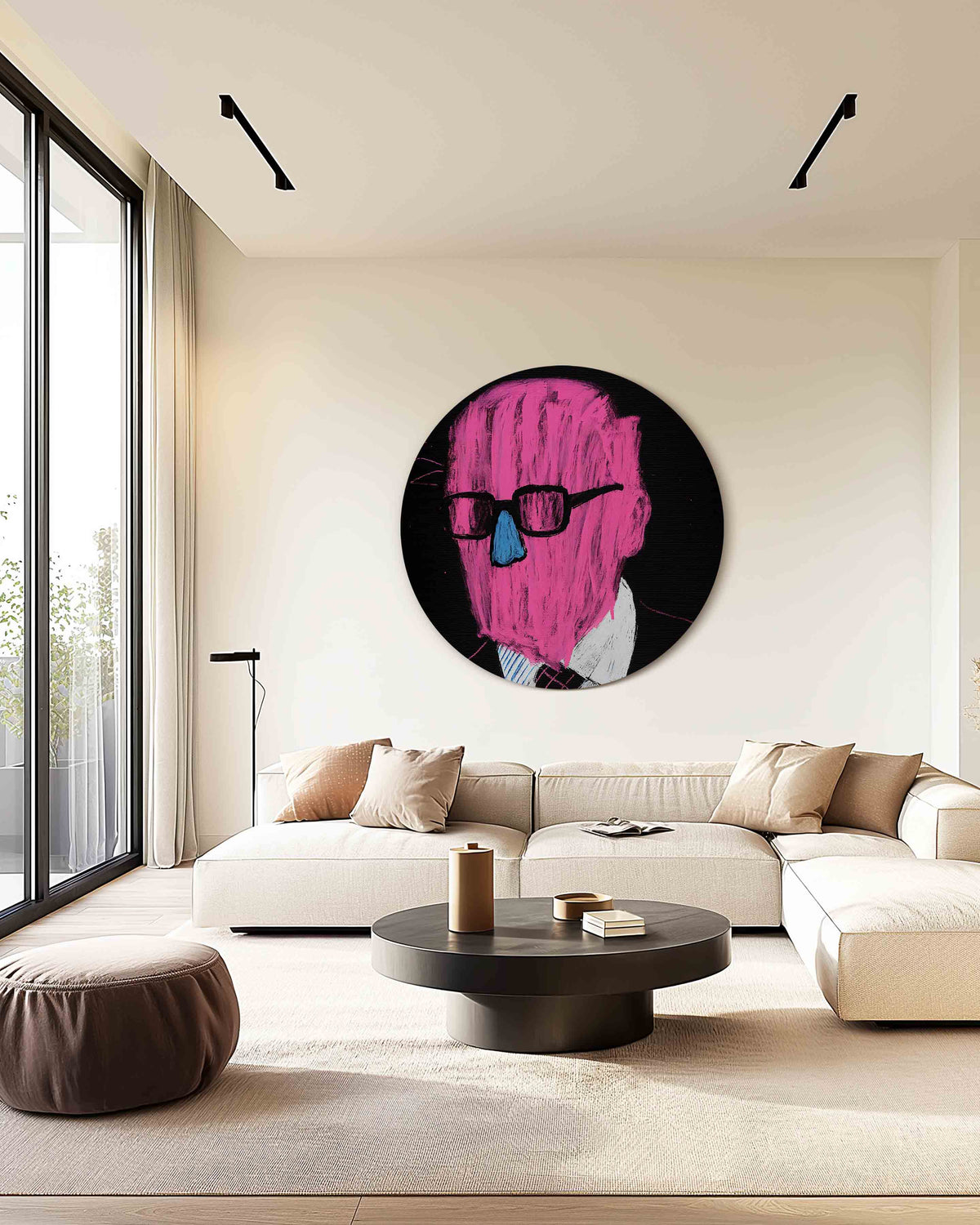 Roze figuur met bril – safari muurcirkel als ronde wanddecoratie