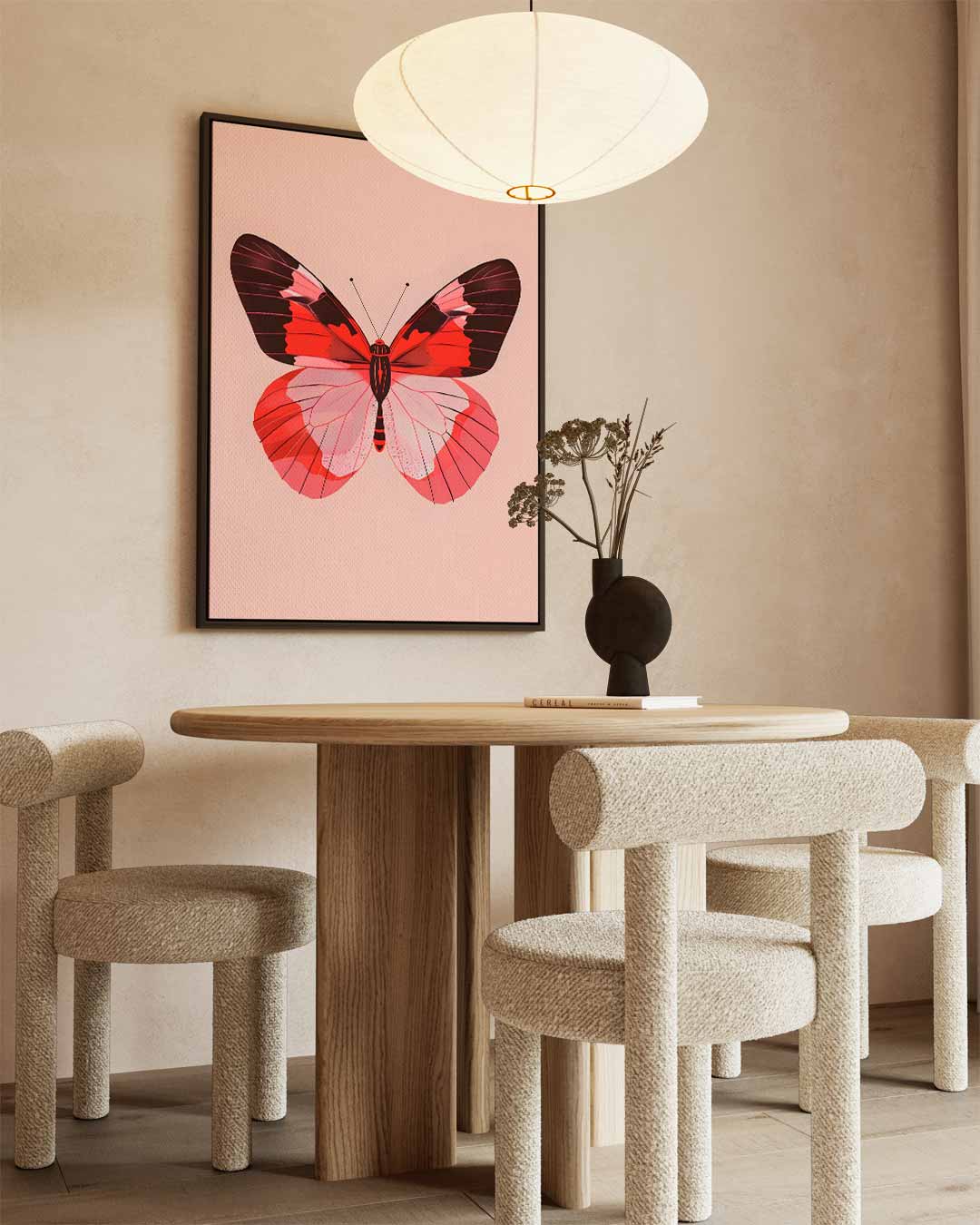 Rood-roze Vlinderpracht – dibond wanddecoratie in staand formaat