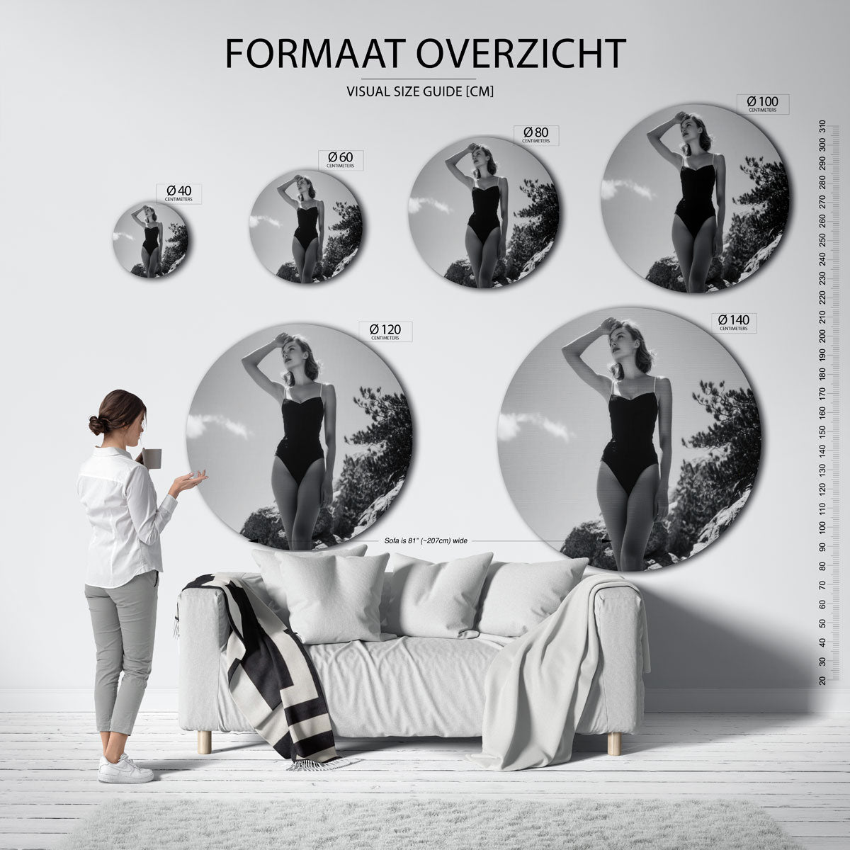 Vrouw in badpak – ronde muurdecoratie met kleur en vorm
