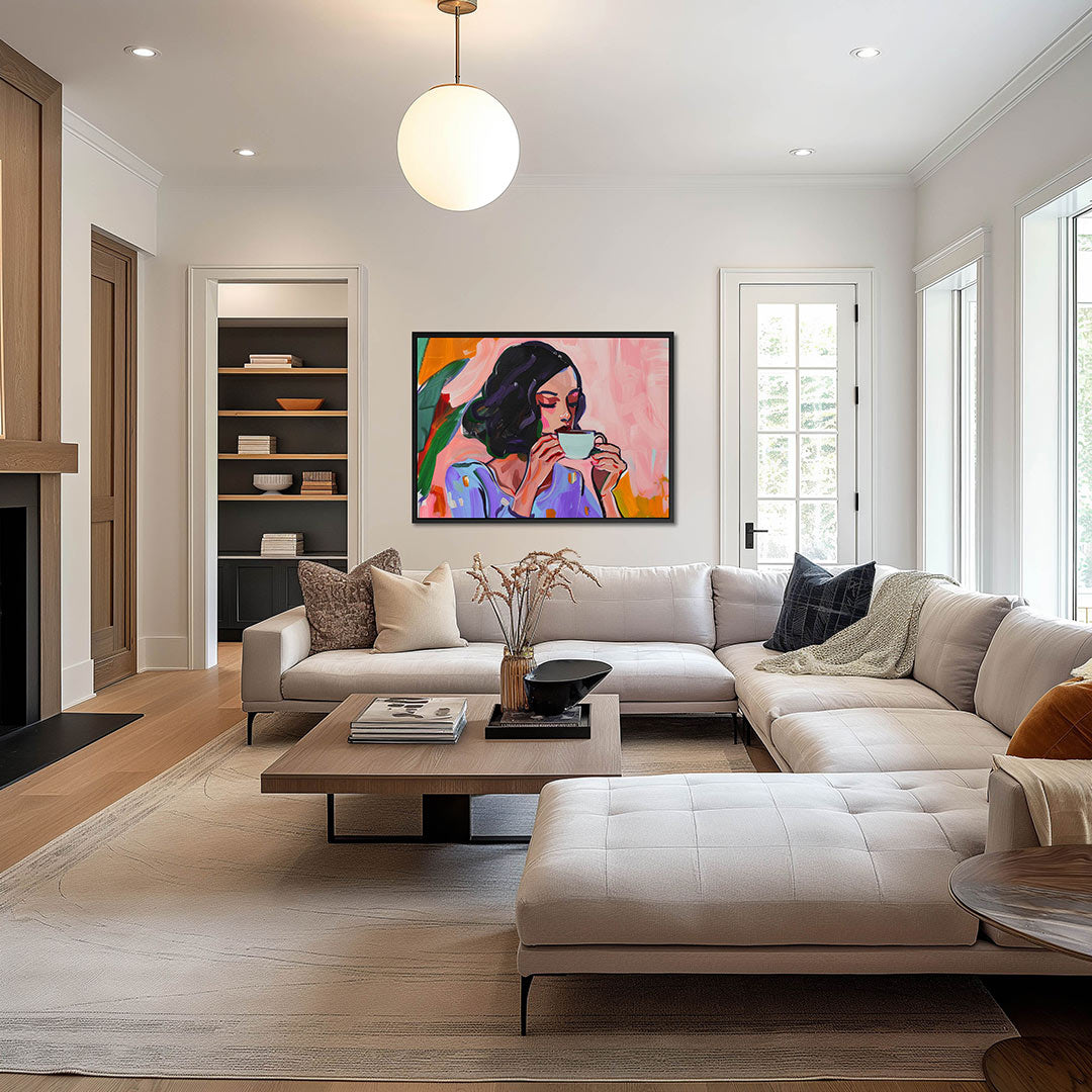 Vrouw met koffiekop – op canvas, dibond of plexiglas