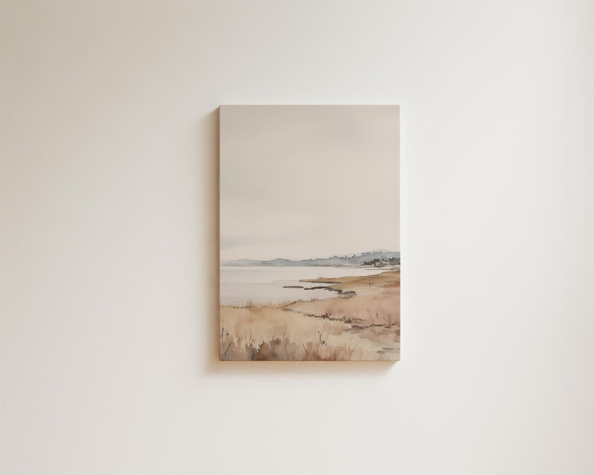 Rustgevende Kustlijn in Aquarel – kunstwerk met zwarte baklijst