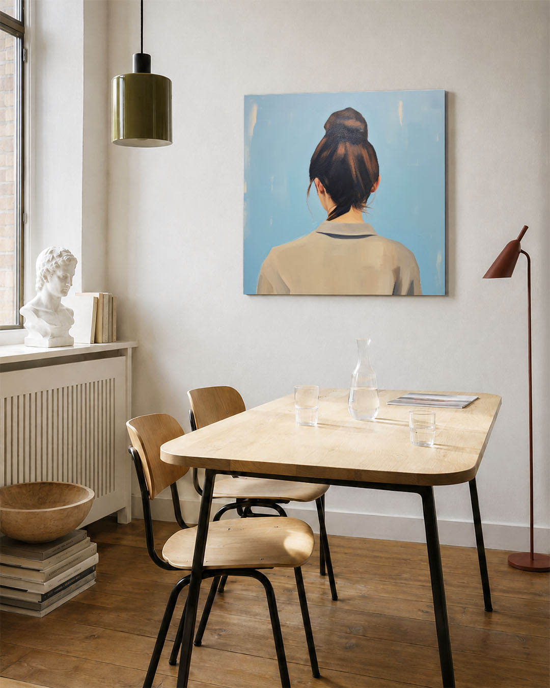 Vrouwelijke rugaanzicht kunstwerk – vierkante wanddecoratie – dit kunstwerk toont een vrouw van achteren met een opgestoken