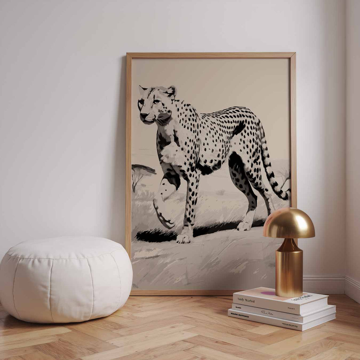 Elegant Luipaard in Sereen Landschap – dieren poster in staand formaat