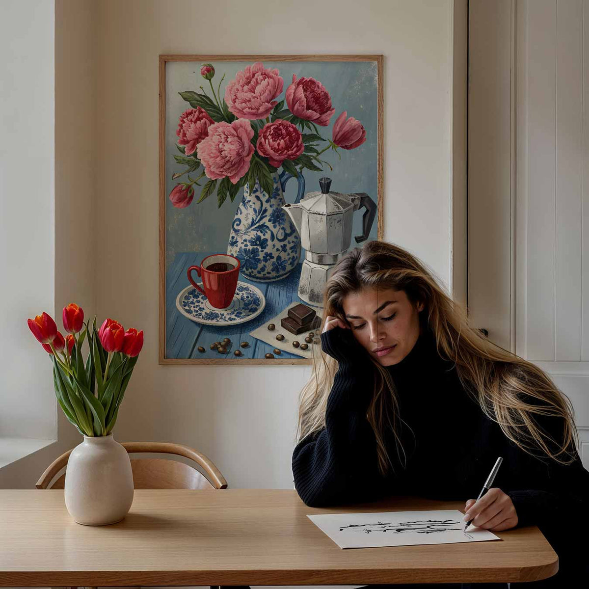 Bloemen en Koffie Stilleven – bloemen poster als moderne staande wanddecoratie