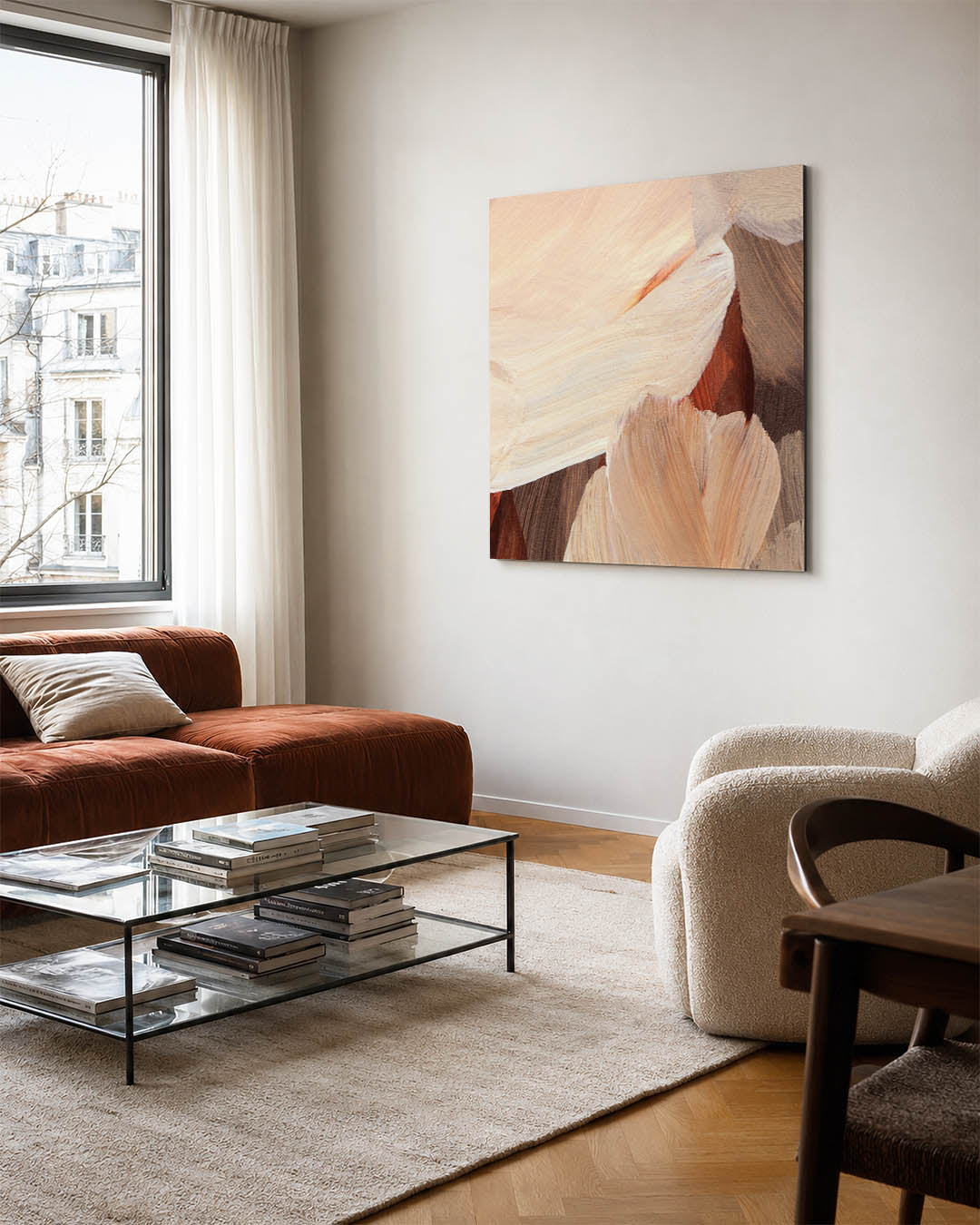 Penseelstreken kunstwerk – vierkante wanddecoratie – dit werk toont vloeiende penseelstreken in zachte beige en bruin tinten.