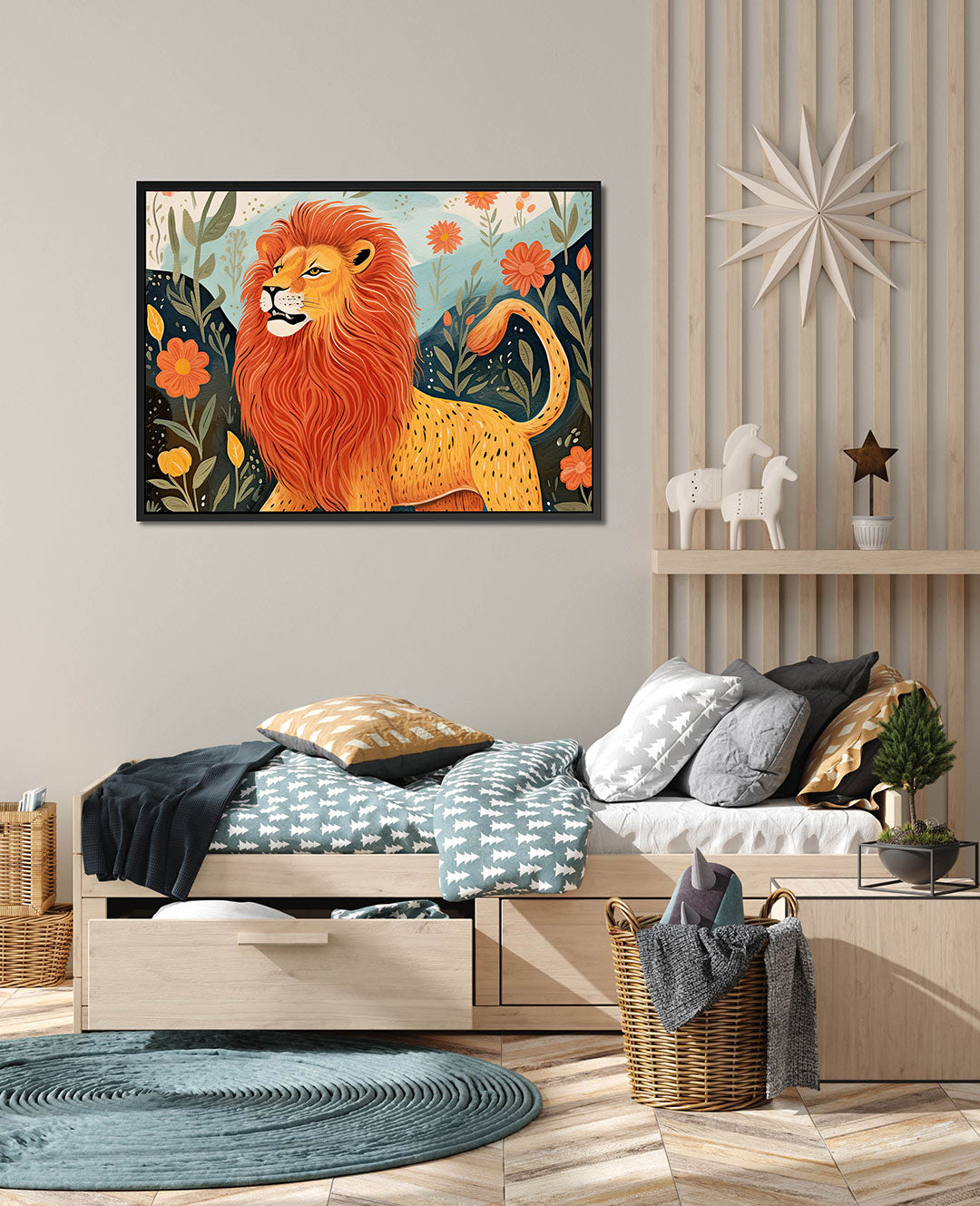 Leeuw in bloemenveld – wanddecoratie in interieur