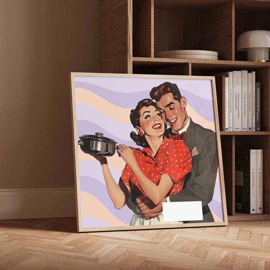 Retro koppel met pan – vierkante Pop Art wanddecoratie van WallArtistic