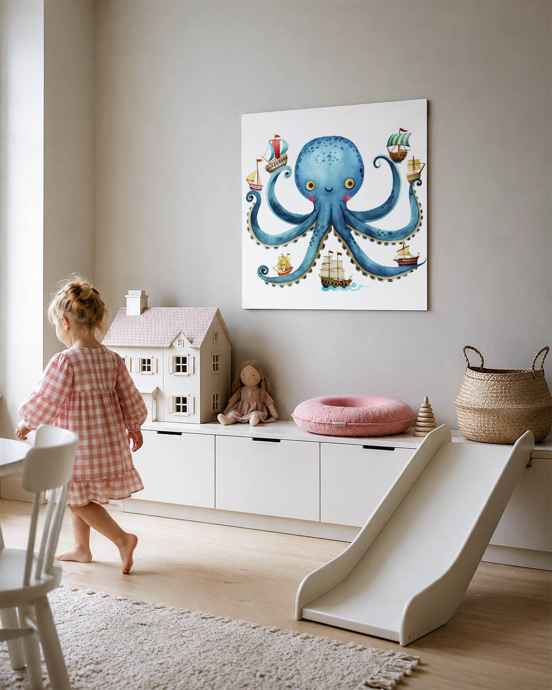 Vrolijke octopus illustratie kunstwerk – tweede productweergave – een speelse octopus met een glimlach, omringd door