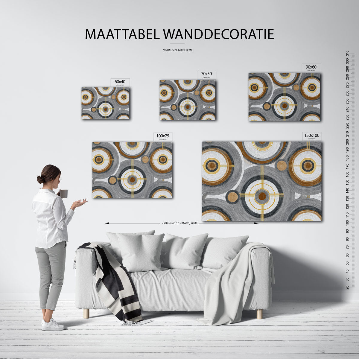 Cirkelpatroon met lijnen – moderne liggende wandkunst