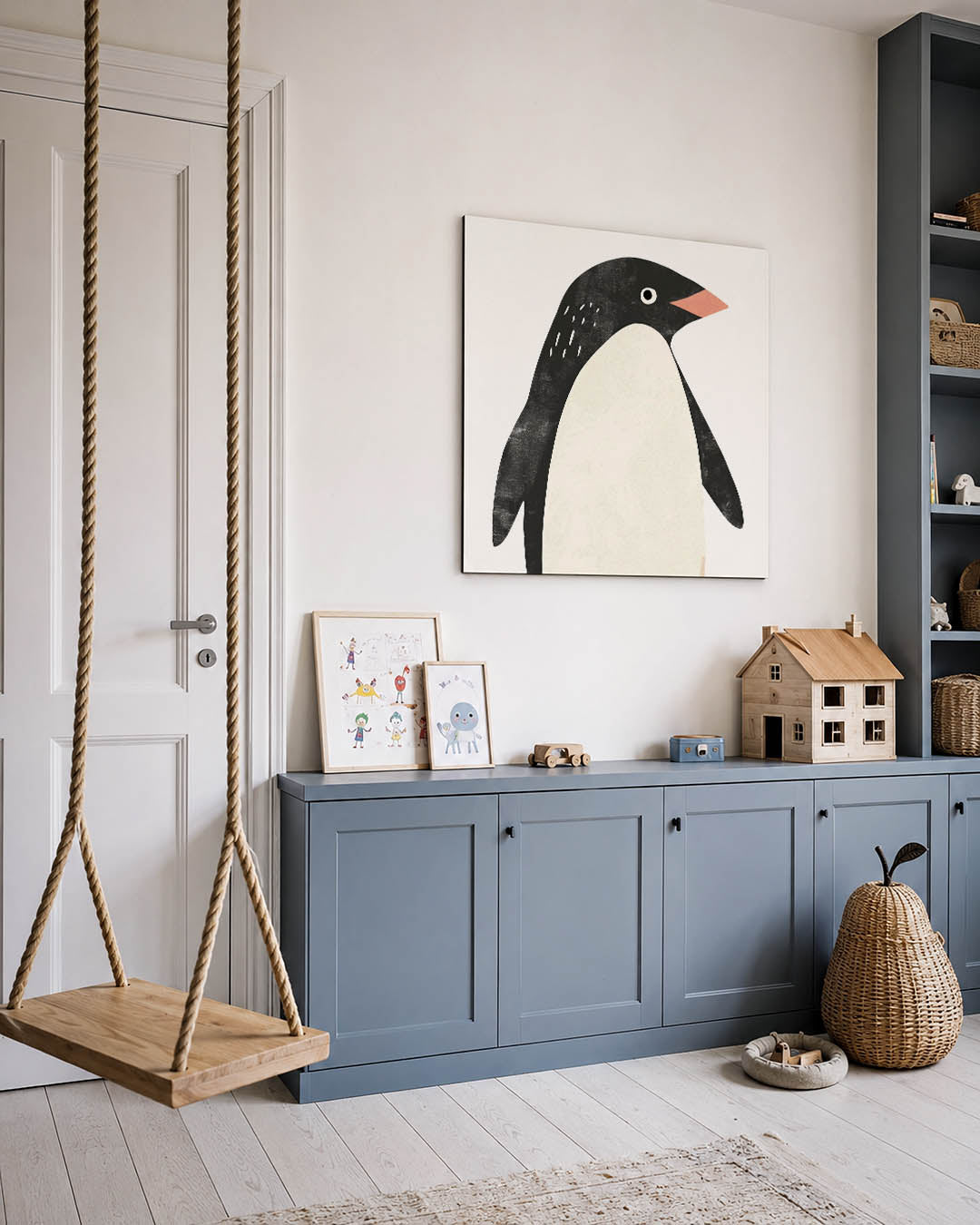 Grafische pinguïn kunstwerk – vierkante wanddecoratie – dit kunstwerk toont een pinguïn met eenvoudige vormen en een