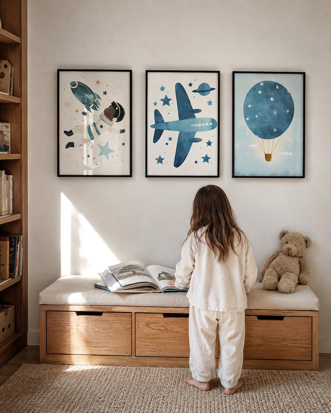 Ruimteavontuur illustratie posterset – derde productweergave – een vrolijke astronaut zweeft tussen sterren en planeten