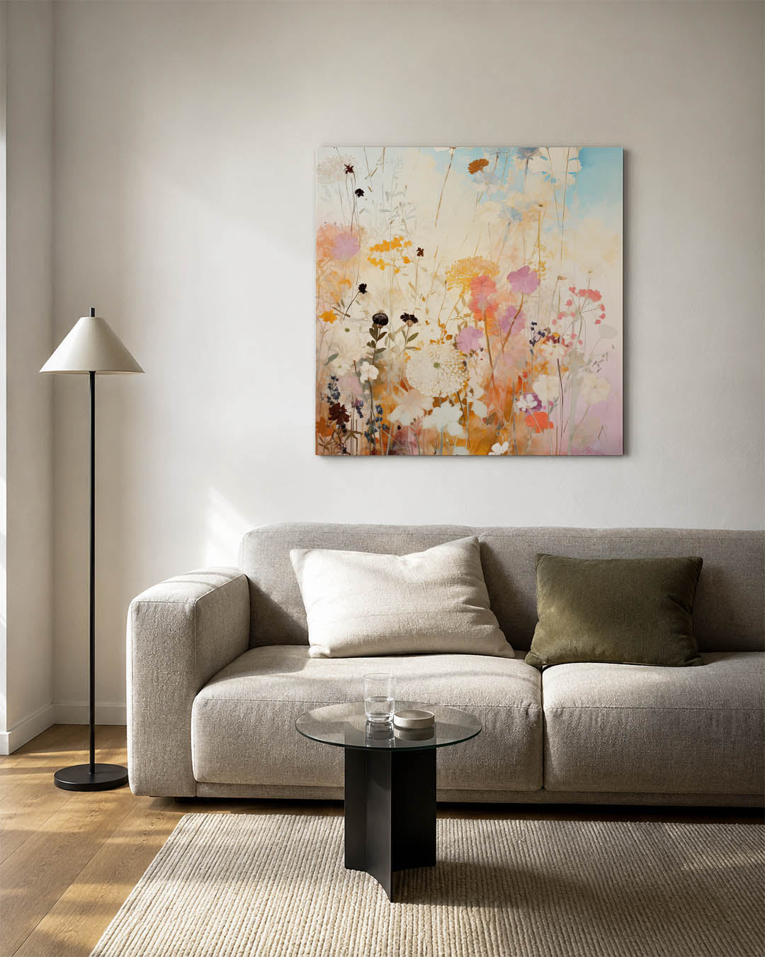 Bloemen in zachte tinten kunstwerk – detailweergave – dit werk toont een delicate compositie van bloemen in zachte kleuren
