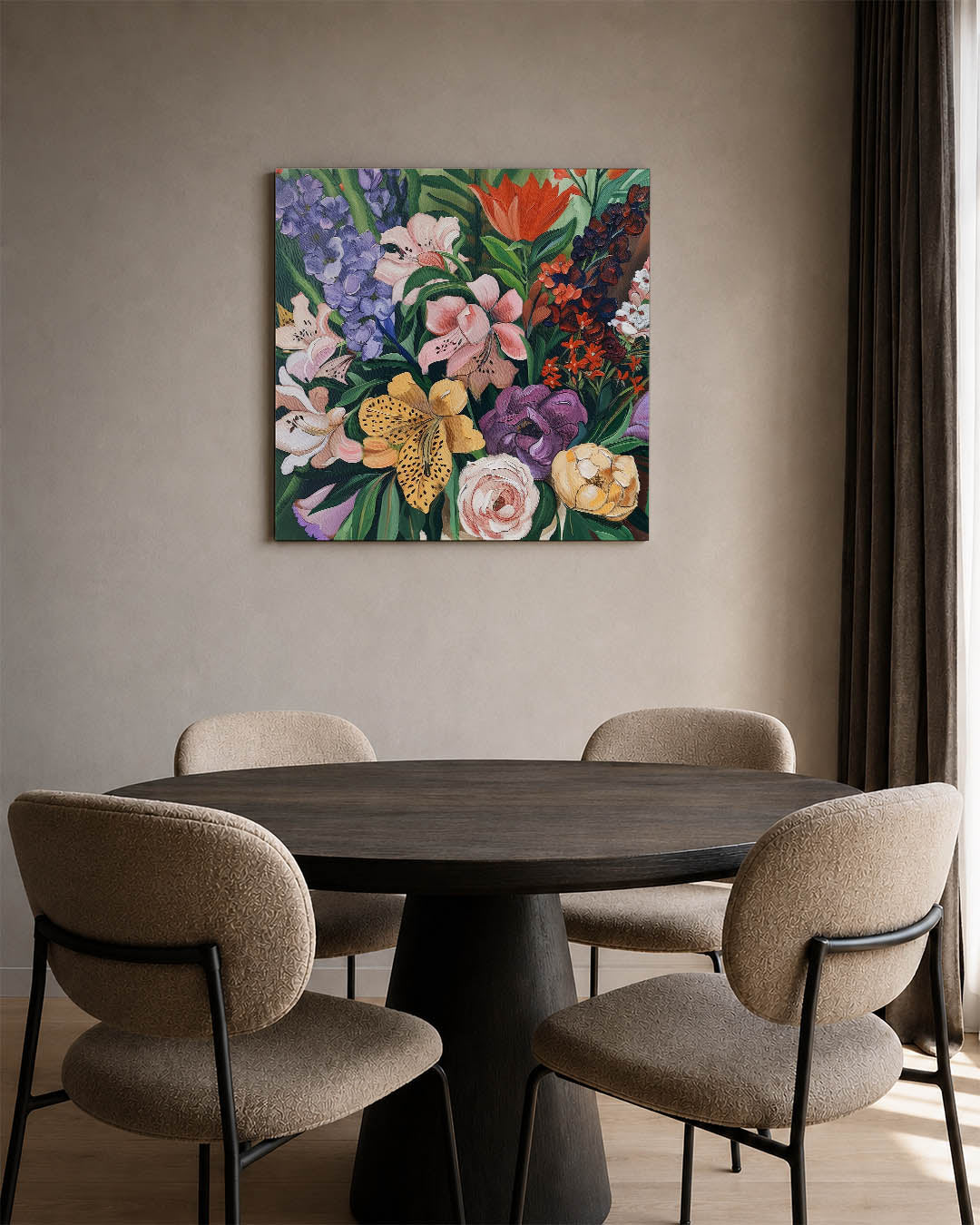 Bloemrijke compositie kunstwerk – derde productweergave – dit kunstwerk toont een levendige verzameling bloemen in diverse