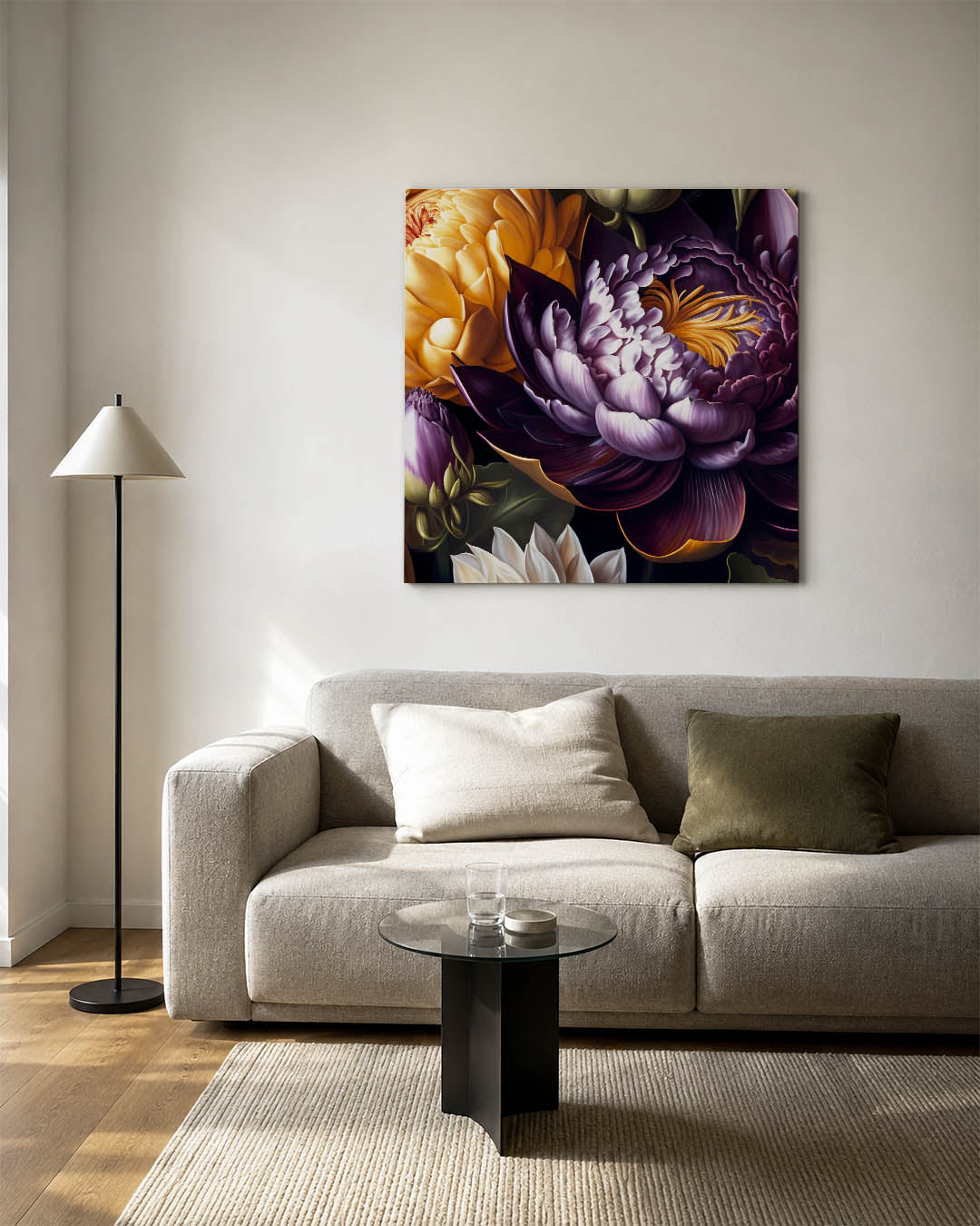 Bloemrijke harmonie kunstwerk – detailweergave – dit kunstwerk toont een weelderige compositie van bloemen in rijke tinten.