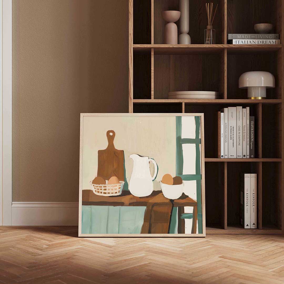Stilleven met kan en eieren – vierkante design wanddecoratie van WallArtistic