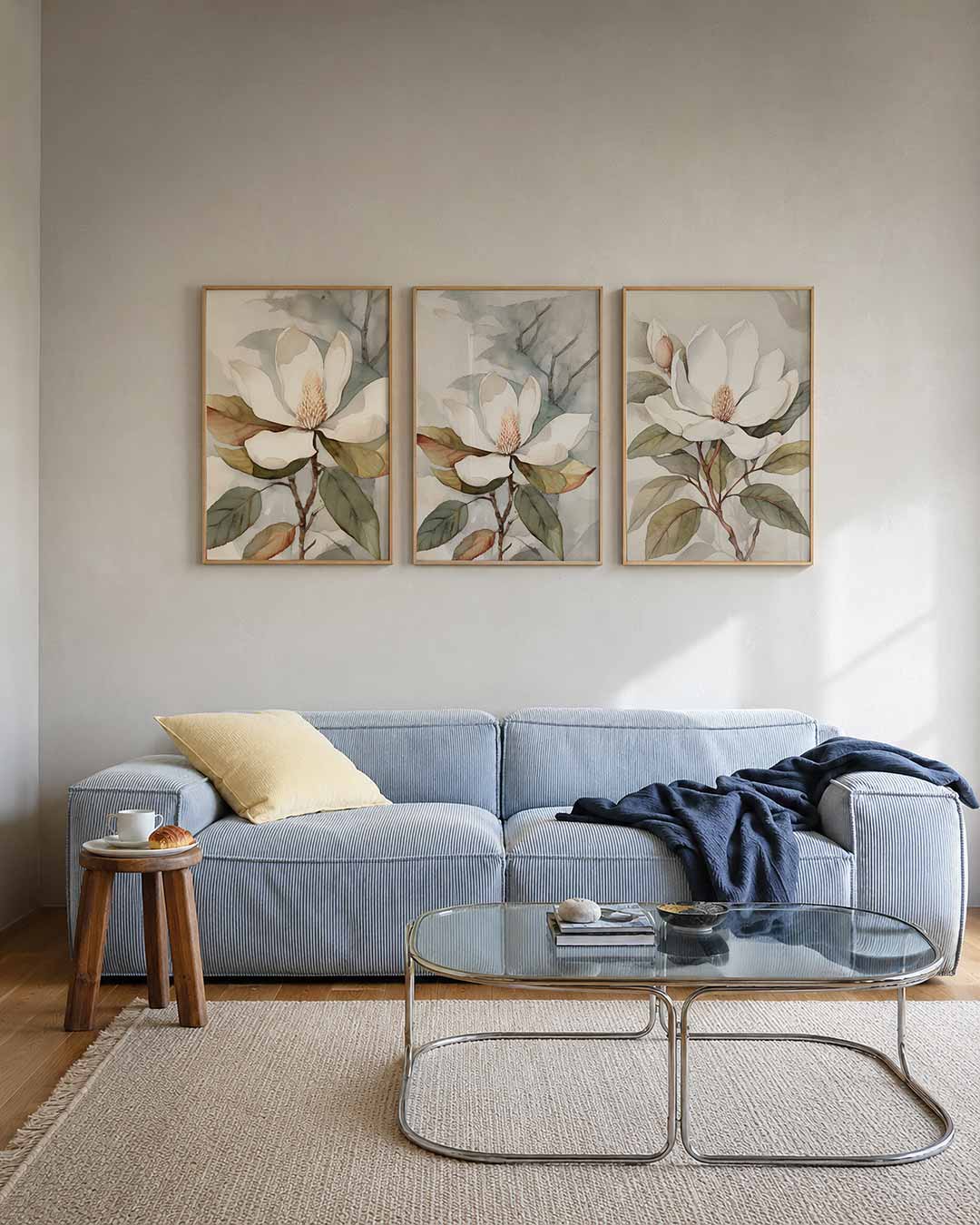 Bloem en bladeren posterset – tweede productweergave – een zachte aquarel van een bloem met grote witte