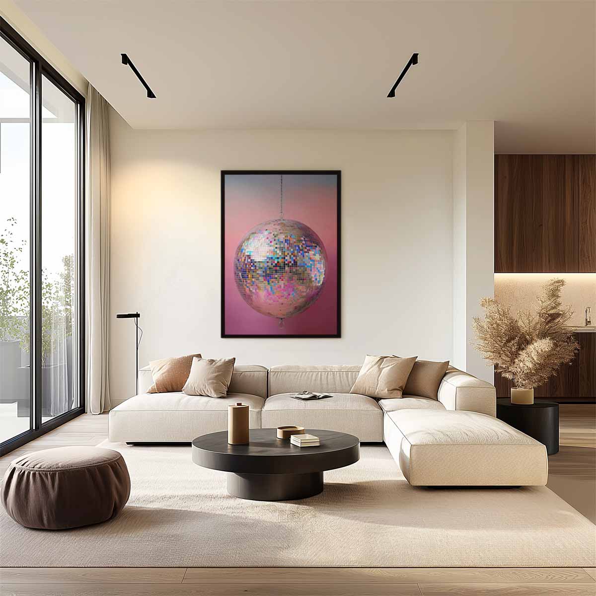 Kleurrijke Discobal op Roze Achtergrond – plexiglas wanddecoratie in portret formaat