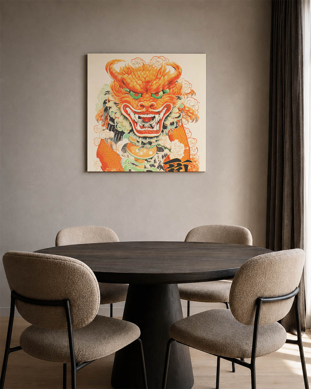 Dynamische draak illustratie kunstwerk – vierkante wanddecoratie – dit kunstwerk toont een levendige draak met gedetailleerde
