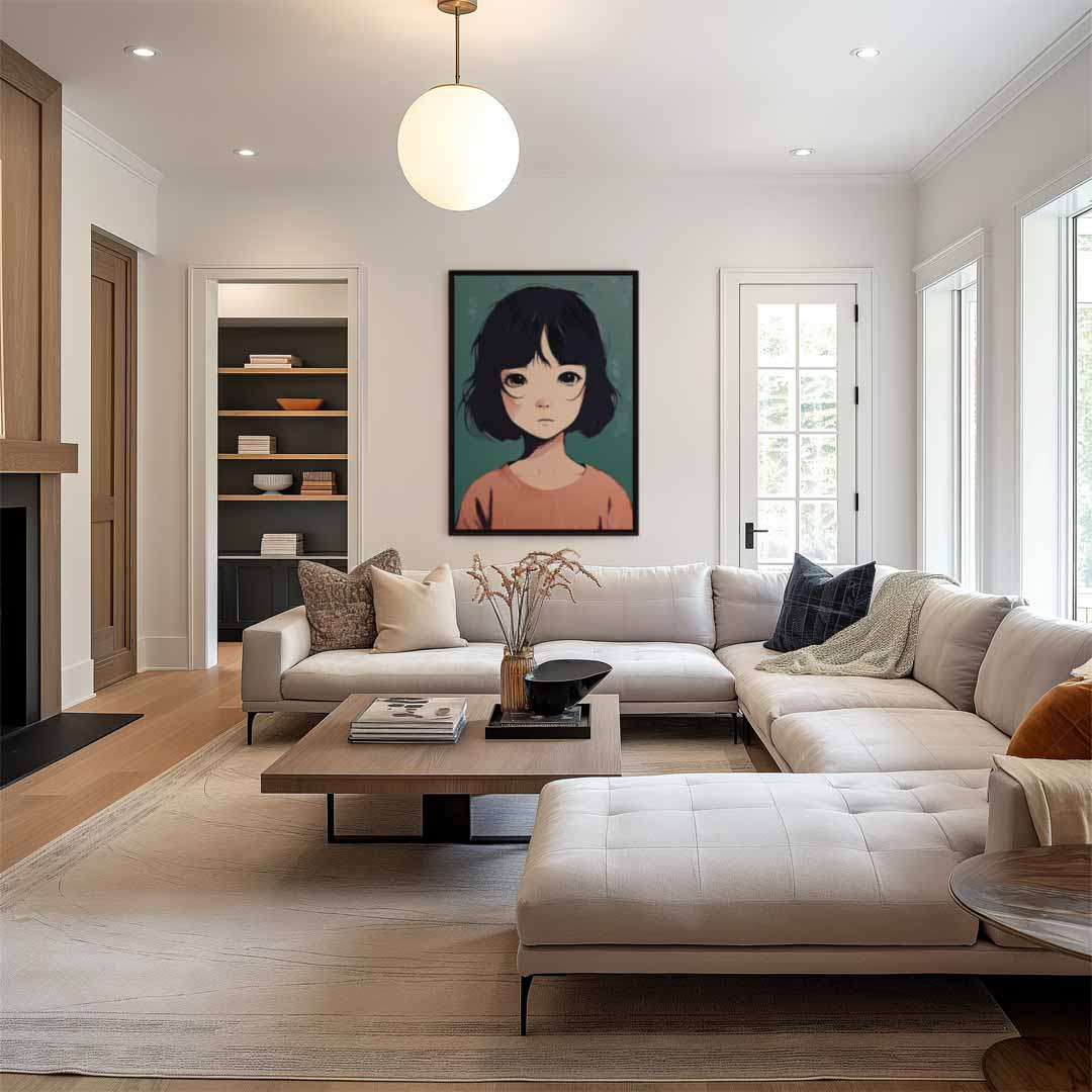 Meisje met Korte Zwarte Haarsnit – canvas wanddecoratie in portret formaat