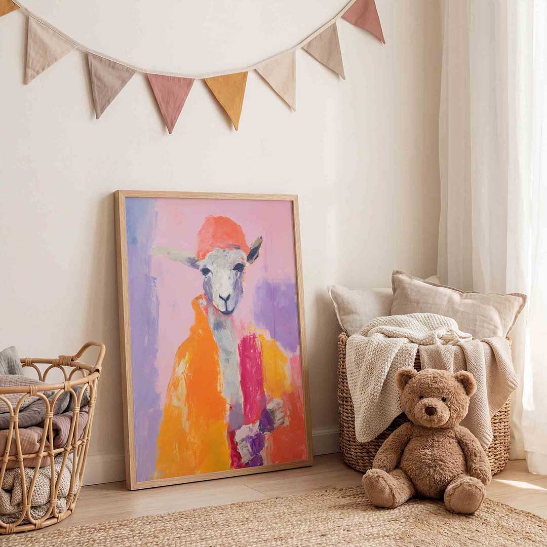 Schaap met oranje muts – speelse wandkunst als portret kinderposter
