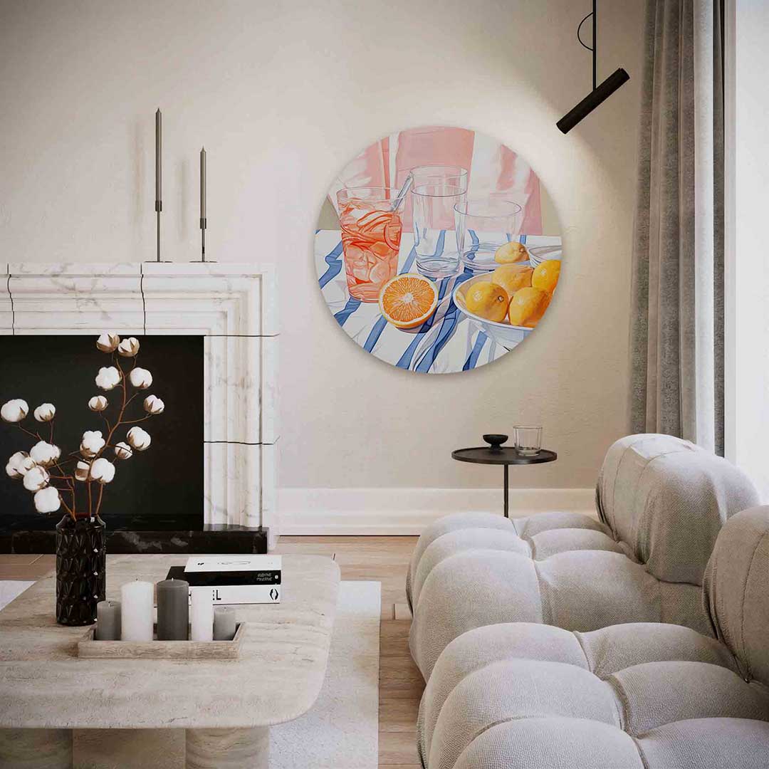 Citrus en glazen – abstracte textuur muurcirkel als wanddecoratie