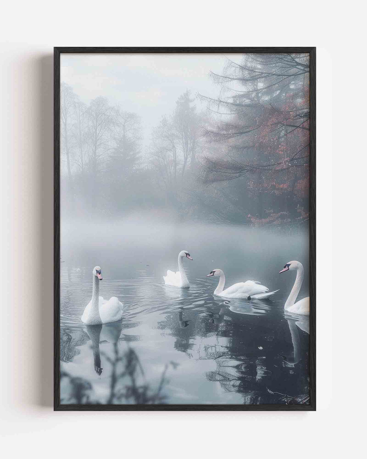 Zwanen in mistige vijver – kleurrijke abstracte portret poster als wanddecoratie