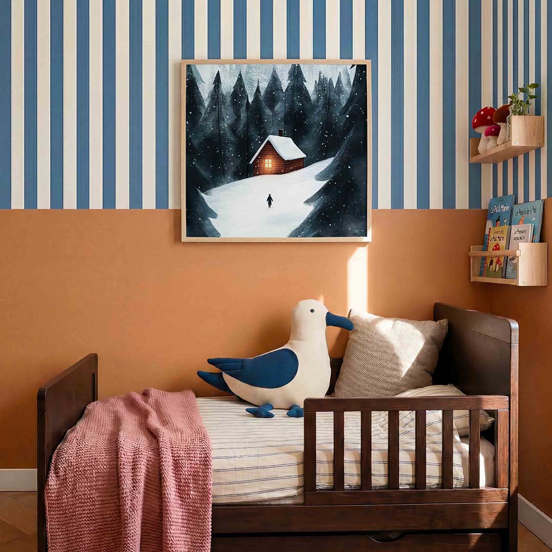 Winterlandschap met huisje – kids poster in vierkant formaat