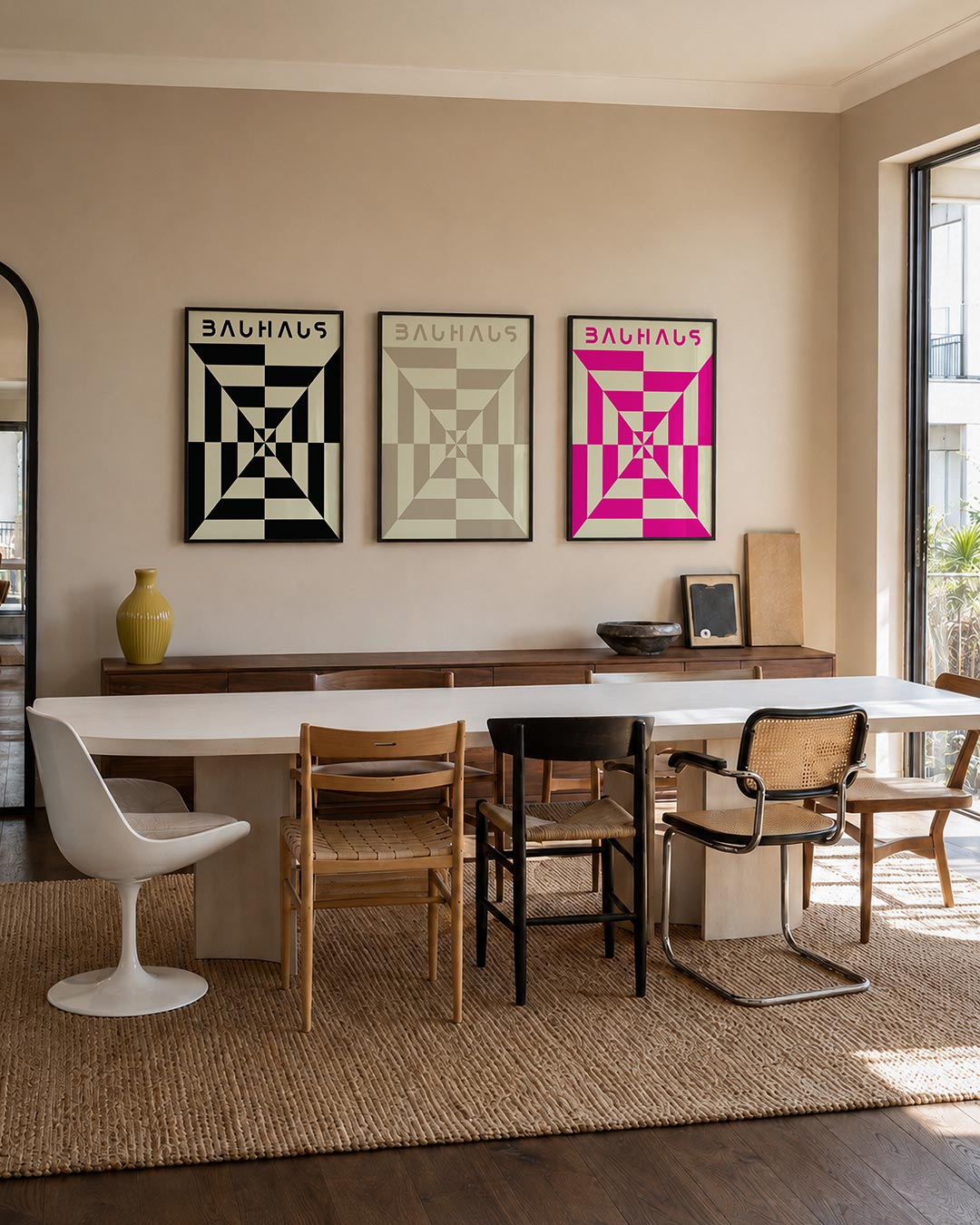Vorm en balans driedelige posterset – deze posterset in drie delen toont een dynamisch lijnenspel met contrasterende