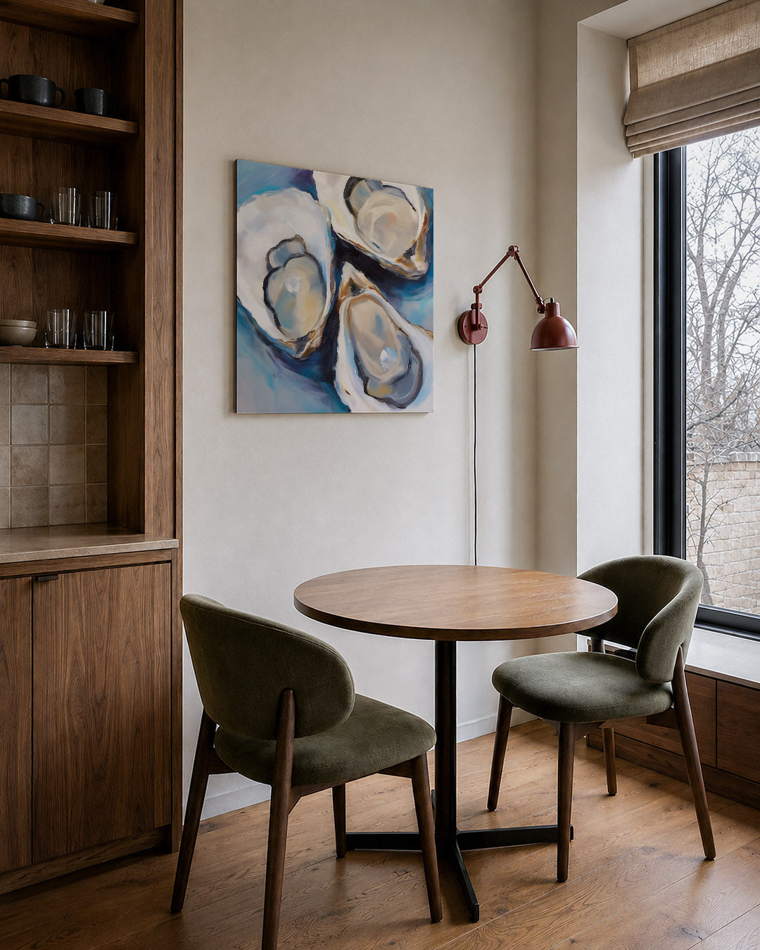 Dynamische oesters kunstwerk – derde productweergave – dit kunstwerk toont drie oesters met parels, omlijst door vloeiende