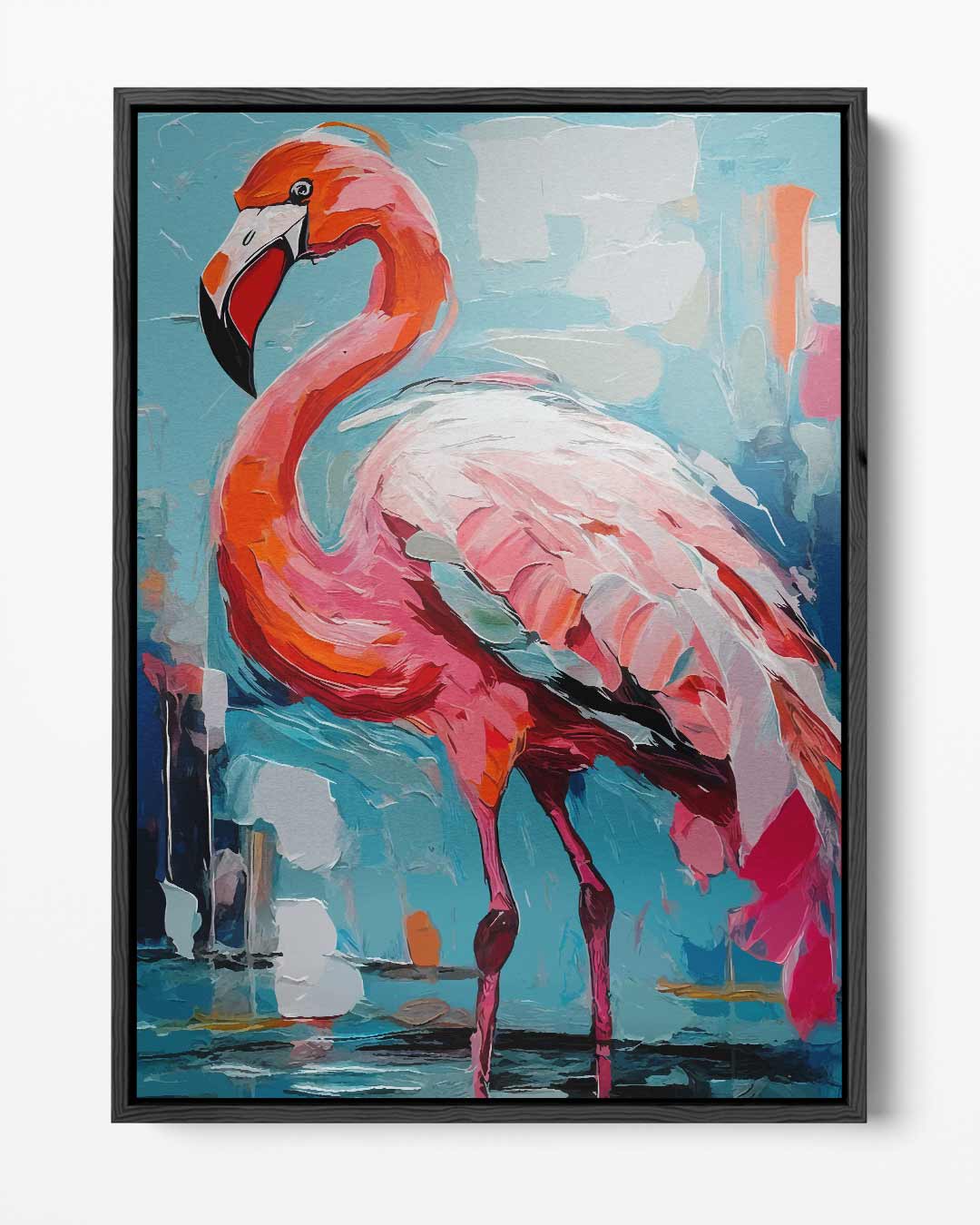 Opera d'arte con fenicottero in ambiente colorato