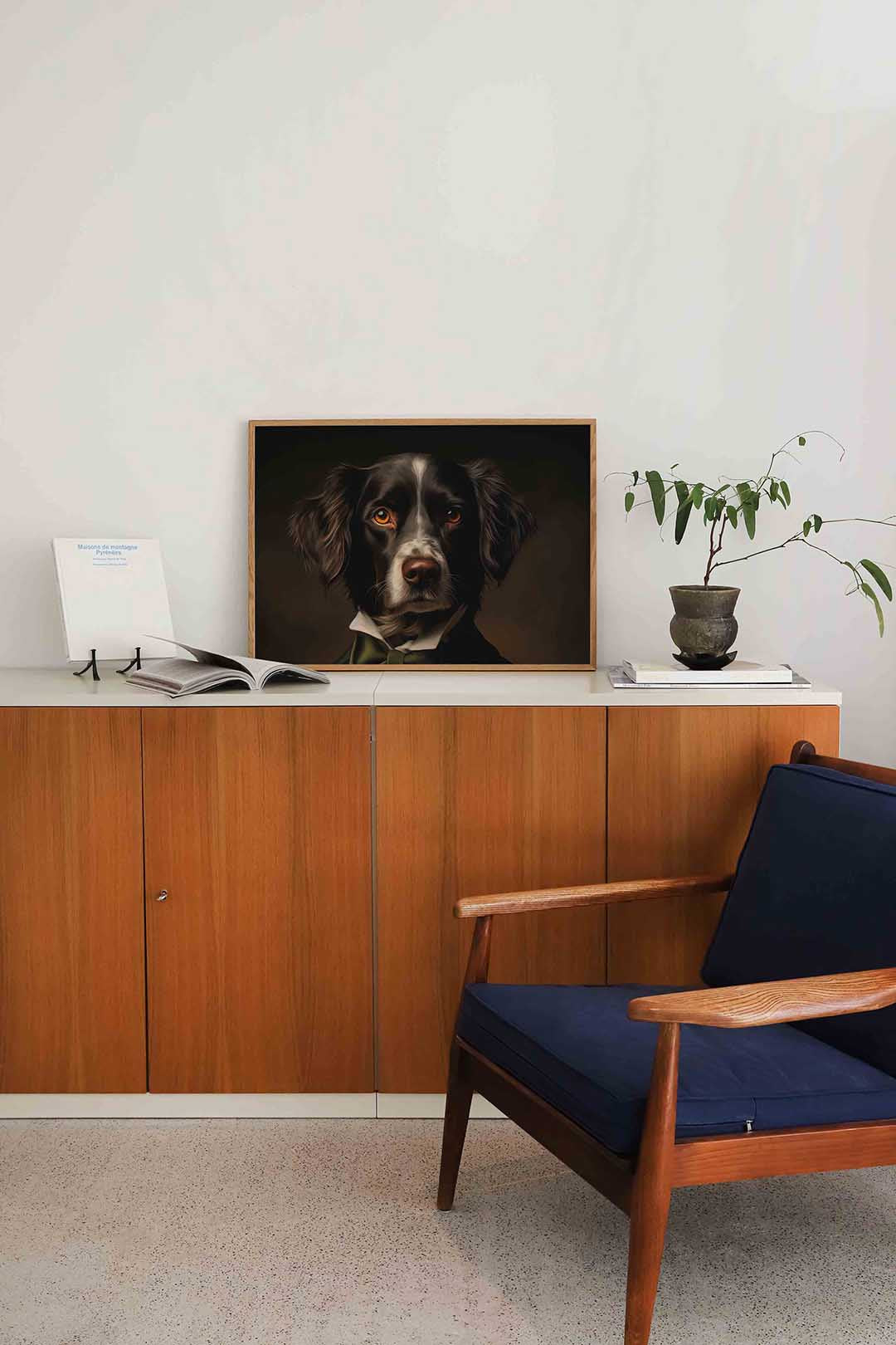Hond met groene strik – liggende dieren wanddecoratie van WallArtistic