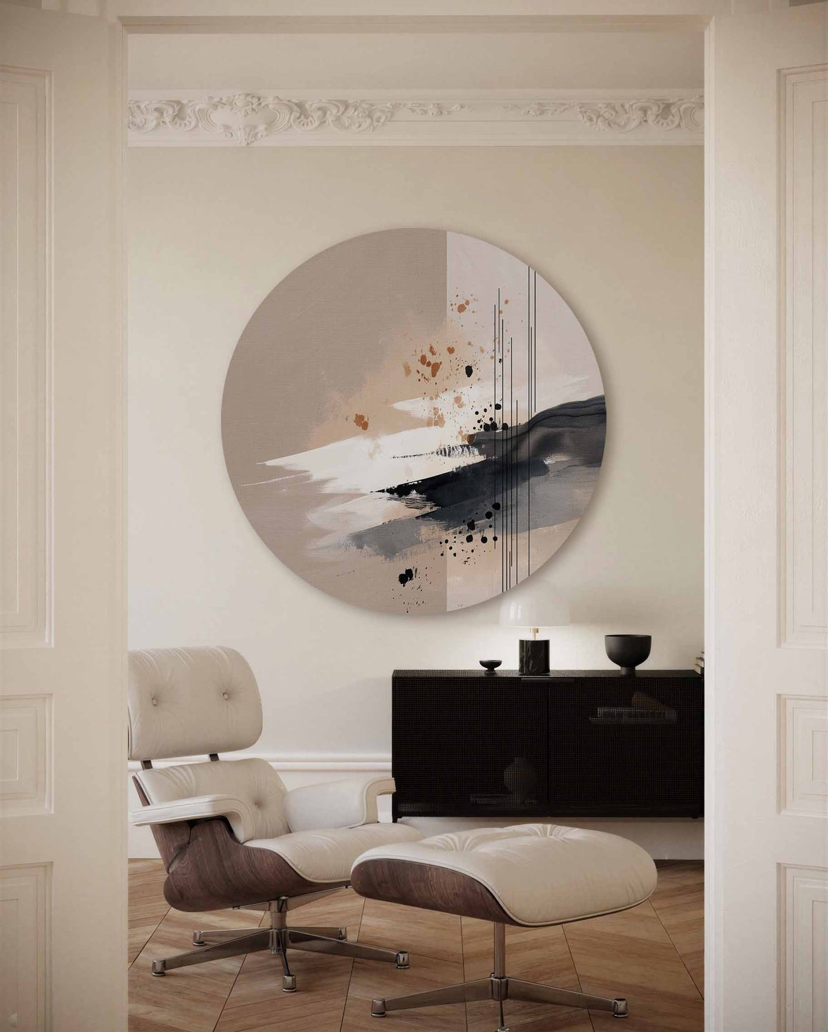 Abstracte lijnen en vlekken – portret muurcirkel als ronde muurdecoratie
