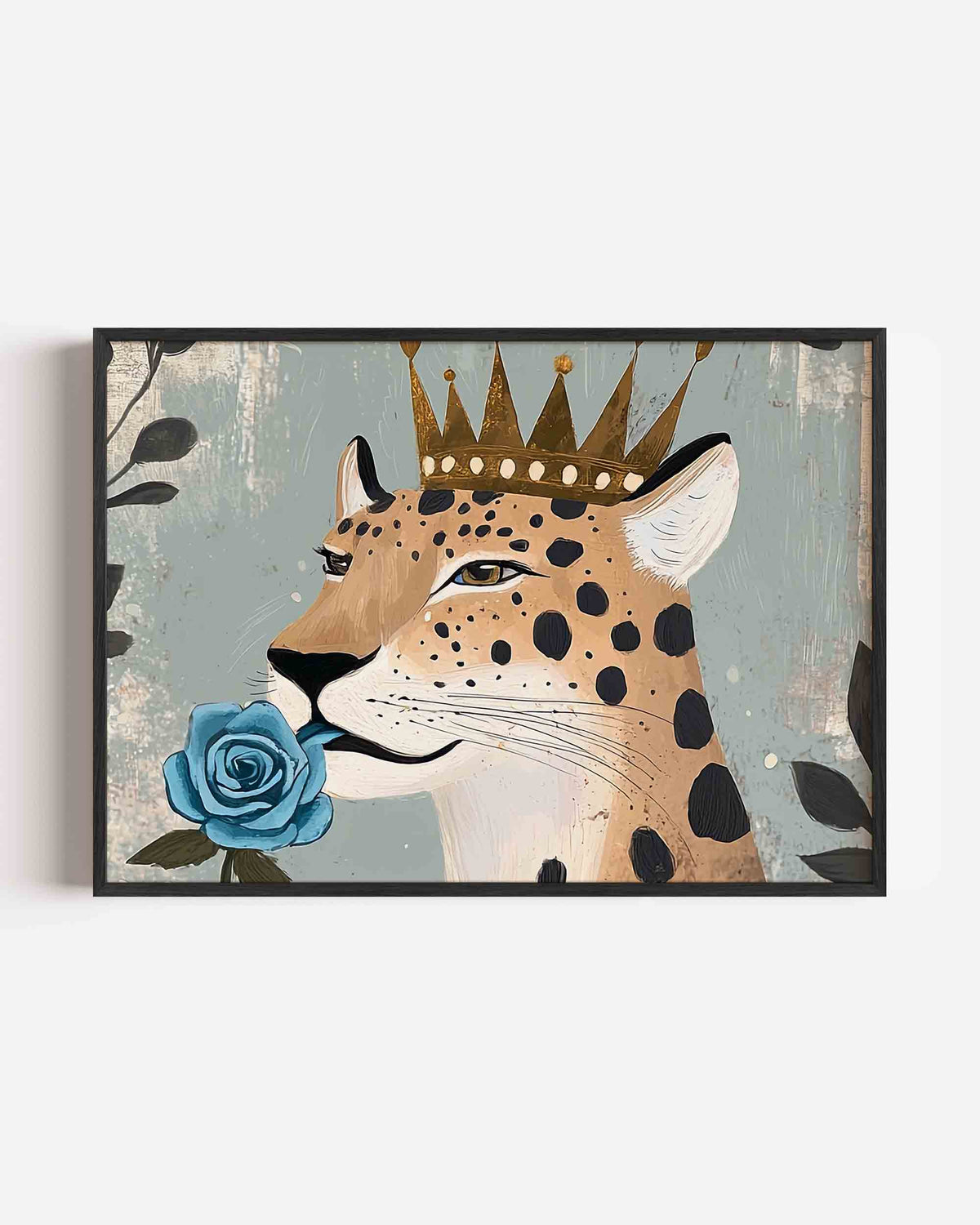Luipaard met kroon en blauwe roos – dieren landscape poster als wanddecoratie